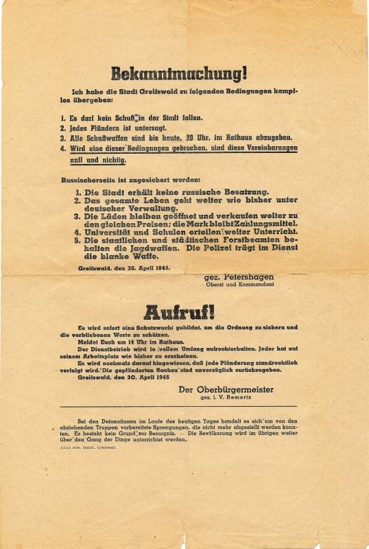 Bekanntmachung über die kampflose Übergabe der Stadt Greifswald, 30.4.1945 - © Stadtarchiv Greifswald