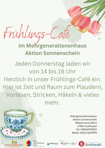 Frühlings-Café immer Donnerstags von 14:00 bis 16:00 Uhr im Mehrgenerationenhaus Aktion Sonnenschein in der Makarenkostraße 8