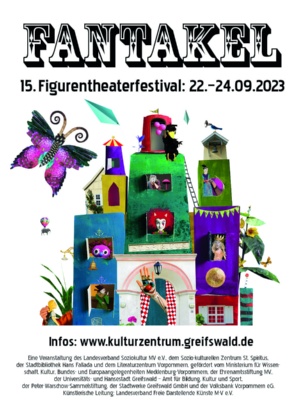 Plakat für das 15. Figurentheaterfestival "FANTAKEL" vom 22. bis 24. September 2023 in Greifswald