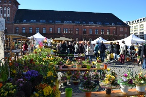 reges Treiben auf dem Marktplatz zum Oster und Blumenmarkt mit dem Stadthaus im Hintergrund