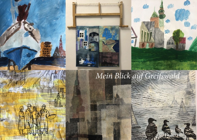Ausstellungsplakat "Mein Blick auf Greifswald" mit den Werken von Oskar Grätsch, Ilona Schwenn, Anna Wassilew, Marita Buth, Andra La, Josephine Steinfurth - © Oskar Grätsch, Ilona Schwenn, Anna Wassilew, Marita Buth, Andra La, Josephine Steinfurth Ausstellungsplakat "Mein Blick auf Greifswald" mit den Werken von Oskar Grätsch, Ilona Schwenn, Anna Wassilew, Marita Buth, Andra La, Josephine Steinfurth