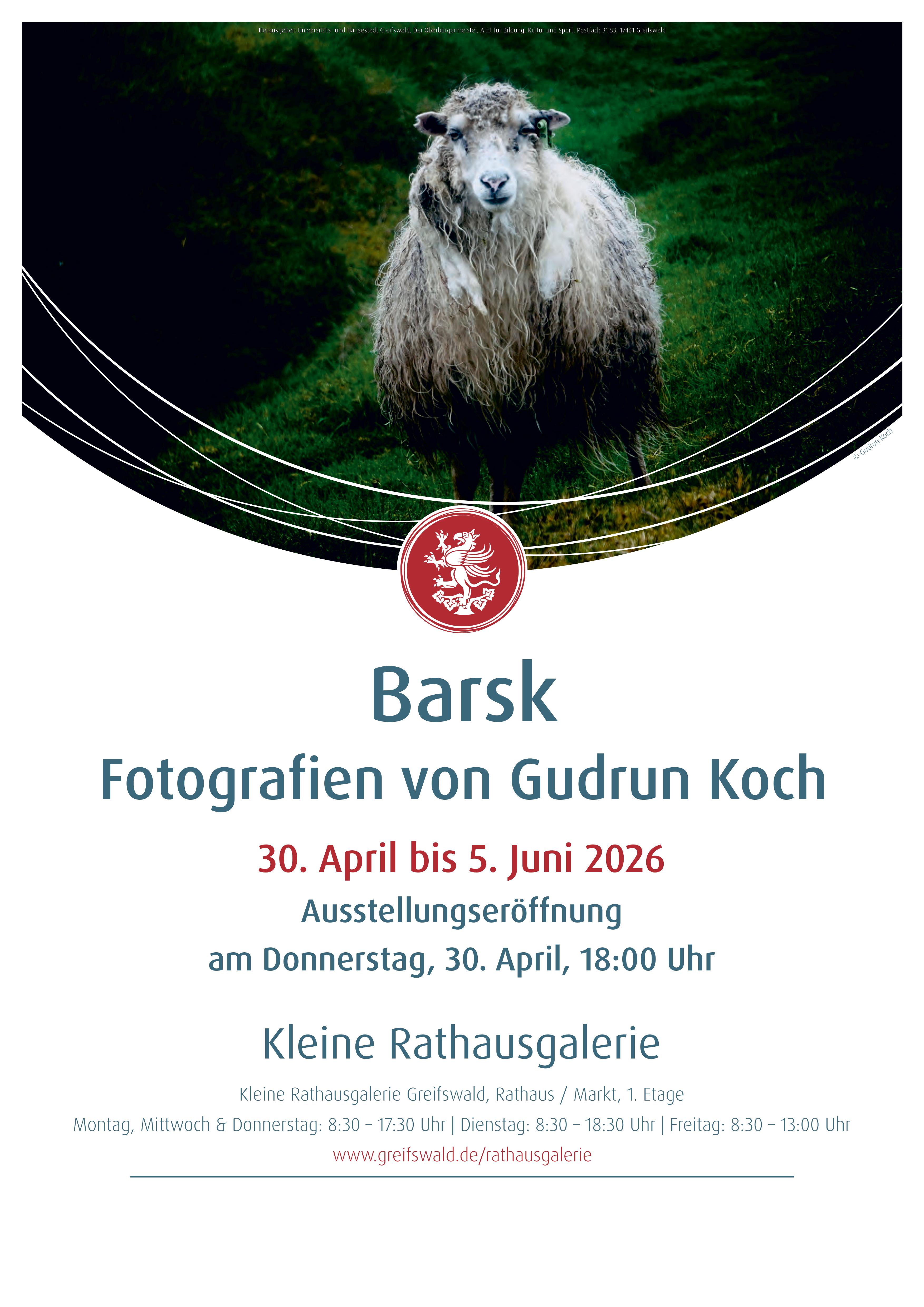 Ausstellungsplakat zur Fotoausstellung Barsk von Gudrun Koch mit einem Schaf als Bildmotiv.