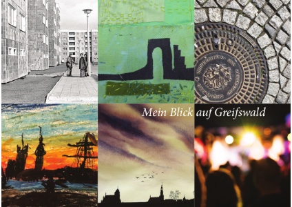 775 Jahre Ausstellungsaufruf; Abbildungen von links oben nach rechts unten: Dieter Ahrendt, Ilona Schwenn, Foto Marktplatz (St. Spiritus), Juliane Rosswinkel, Michael Luhn, Wally Pruß