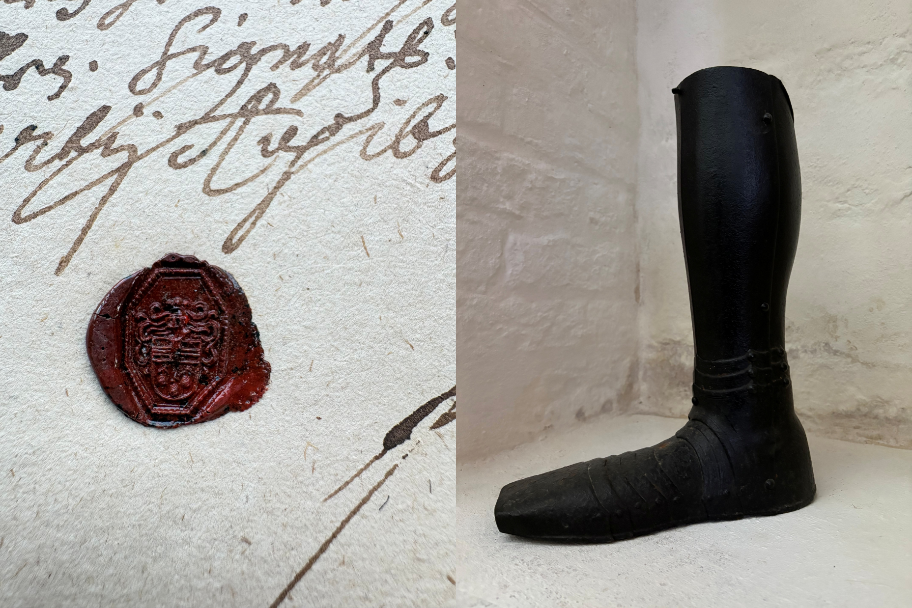 links: Siegel von Louis de Perussis auf einem Schreiben an Bürgermeister und Rat der Stadt Greifswald vom 15. März 1631, rechts: Sogenannter Perusistiefel aus der Greifswalder Marienkirche
