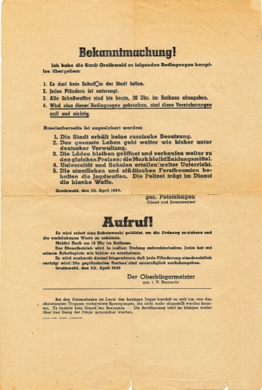 Bekanntmachung über die kampflose Übergabe der Stadt Greifswald, 30.4.1945 - © Stadtarchiv Greifswald - © Stadtarchiv Greifswald Bekanntmachung über die kampflose Übergabe der Stadt Greifswald, 30.4.1945 - © Stadtarchiv Greifswald