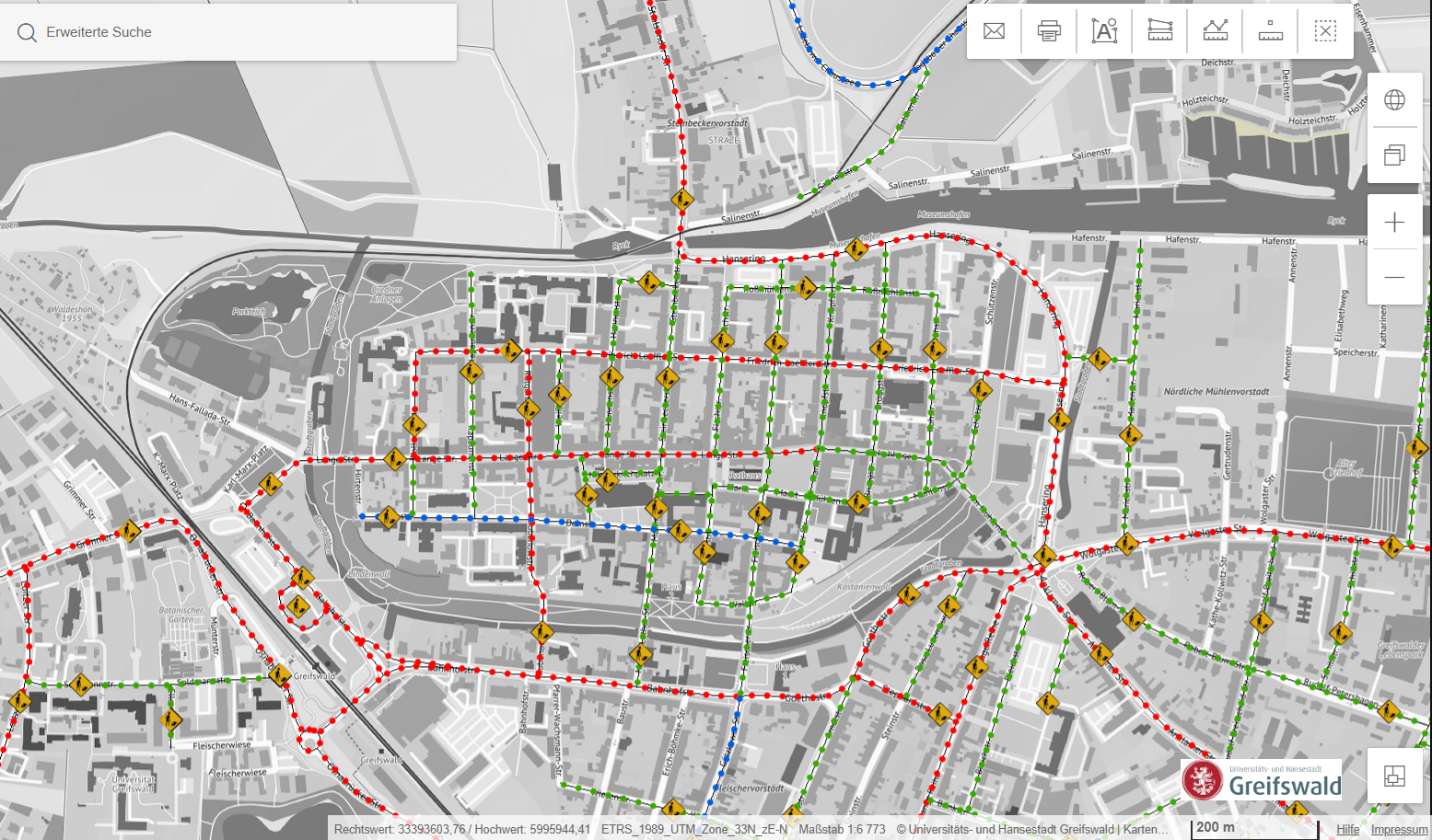 Ausschnitt aus dem Geoportal mit Winterdienst und Straßenreinigung in Greifswald