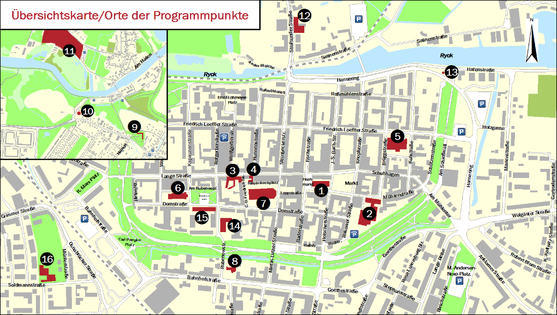 Übersichtskarte & Orte der Programmpunkte zum Tag des offenen Denkmals 2026 © Universitäts- und Hansestadt Greifswald Übersichtskarte & Orte der Programmpunkte zum Tag des offenen Denkmals 2026