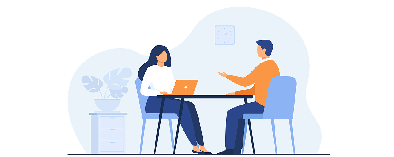 Grafik mit zwei Personen bei einem Beratungsgespräch