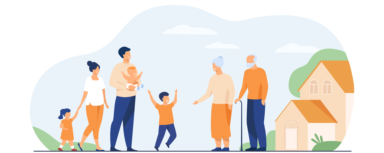 Eine Familie mit drei Kindern und ein Seniorenpaar treffen sich vor einem Haus