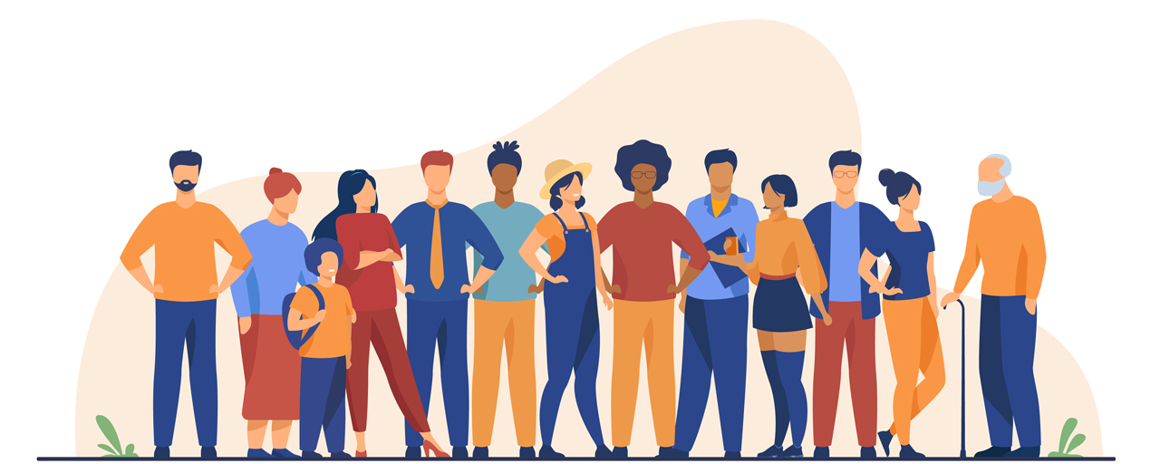 Vielfältige Menschenmenge unterschiedlichen Alters, Geschlechts und Herkunft