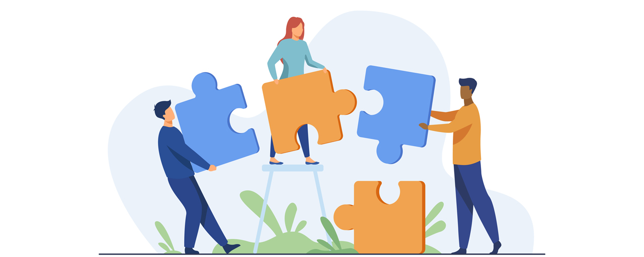 Drei Personen halten große Puzzleteile und fügen Sie zusammen