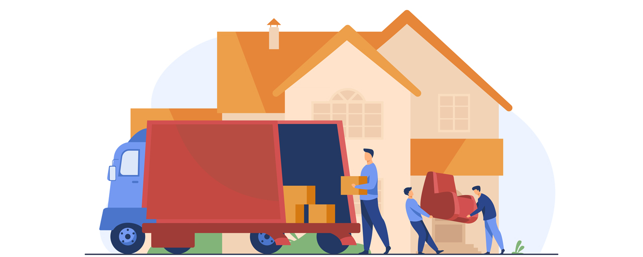 Drei Personen laden Umzugswagen vor einem Haus aus