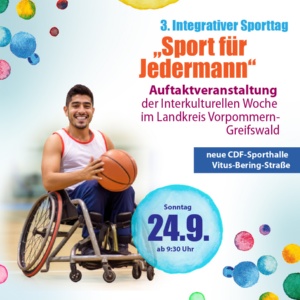 Auf dem Bild mit buntem Hintergrund ist eine Ankündigung mit Datum und Ort sowie ein Basketballspieler im Rollstuhl zu sehen.