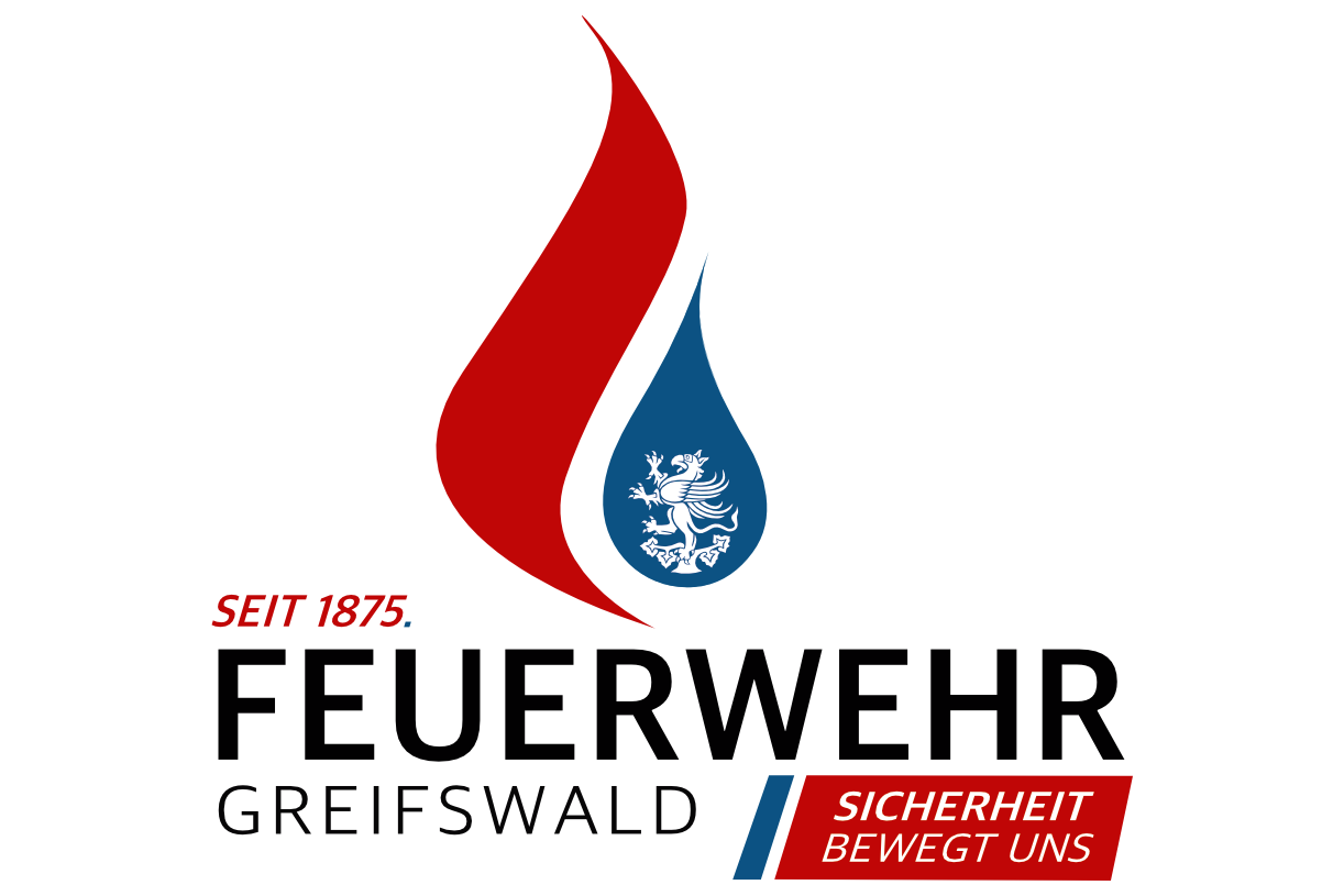 Logo der Feuerwehr Greifswald mit Flamme und Wassertropfen
