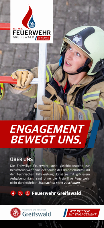 Werbebanner: Feuerwehrfrau hält Leiter