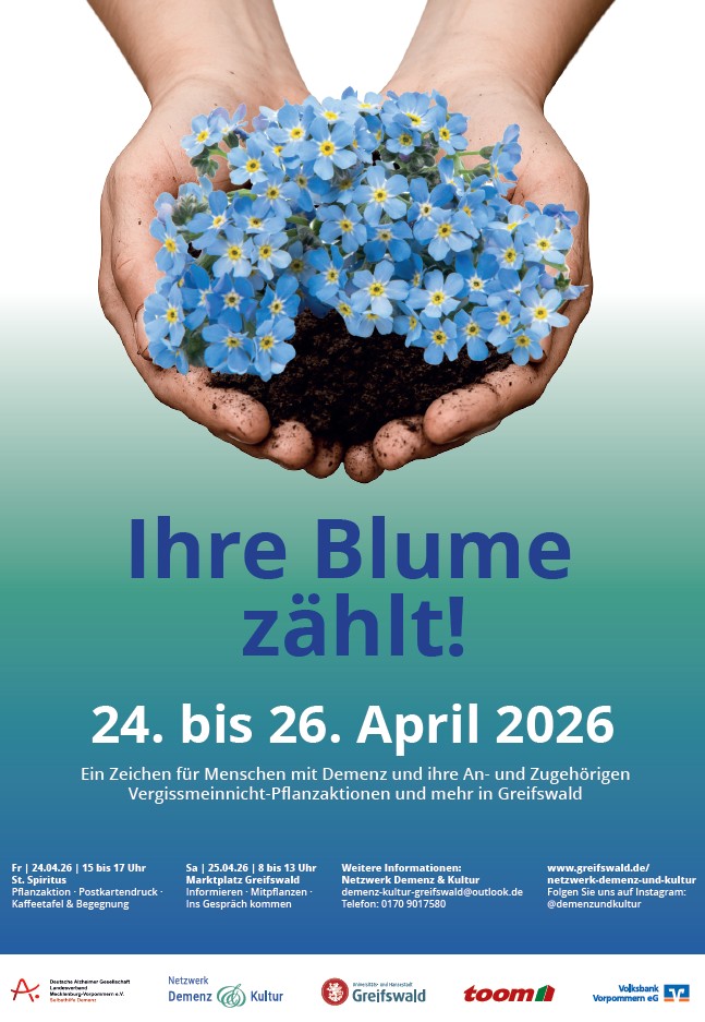 Plakat zur Pflanzaktion: Hände halten ein Vergissmeinnicht