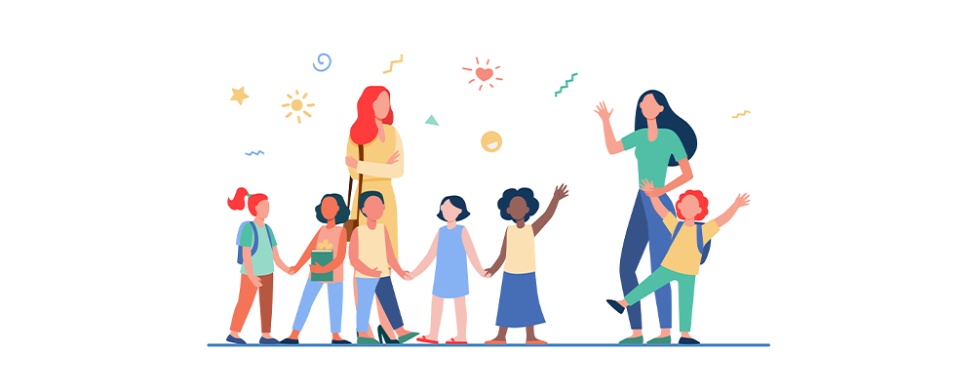 Teaser Kinderbetreuung © pch-vector auf freepik Zwei Erzieherinnen mit einer Gruppe von Kindern