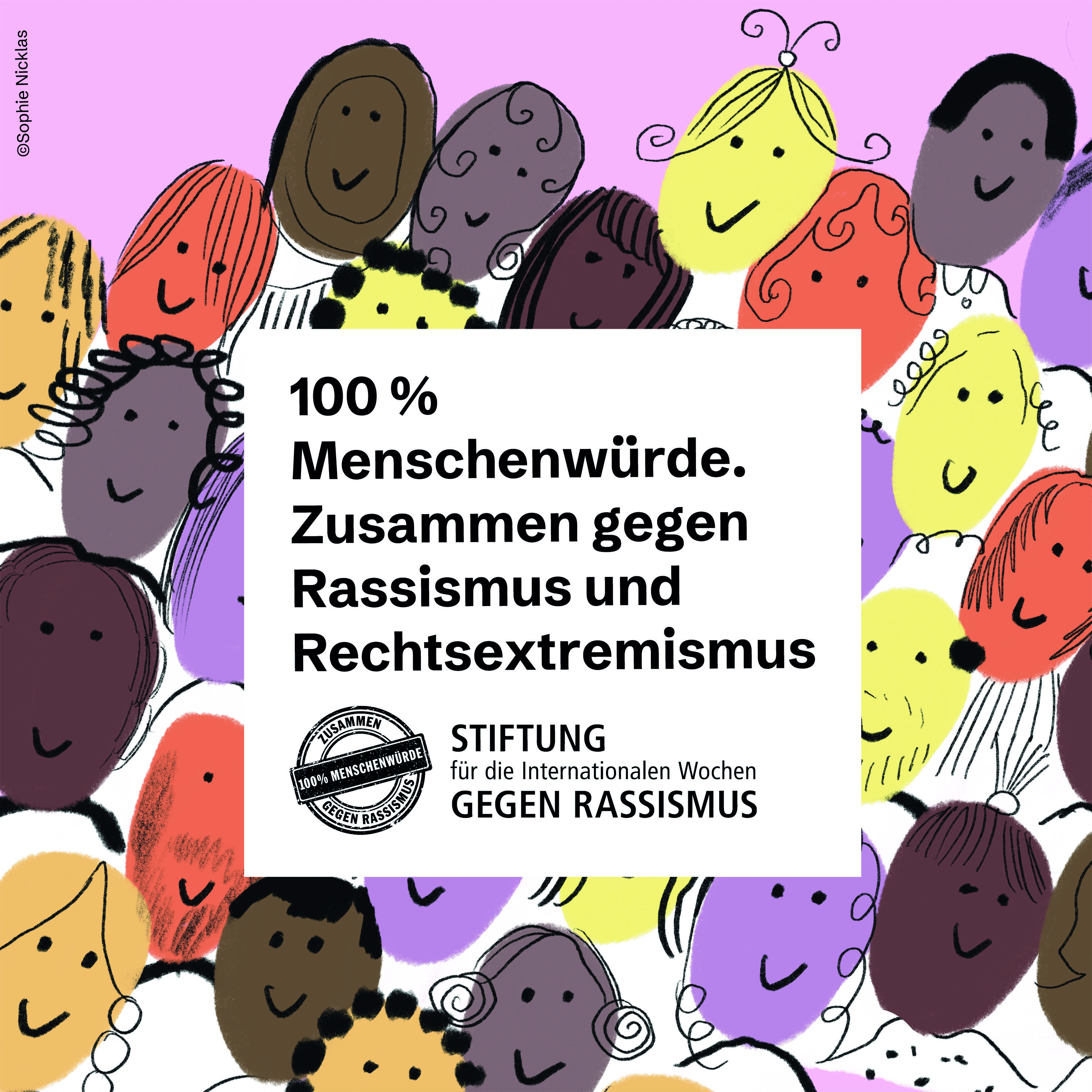 Auf der Illustration sieht man viele Menschen, die vielfältig sind. Im Vordergrund steht das Motto "100 % Menschenwürde". 