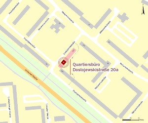 Lageplan des Quartiersbüros Schönwalde in der Dostojewskistraße 20a