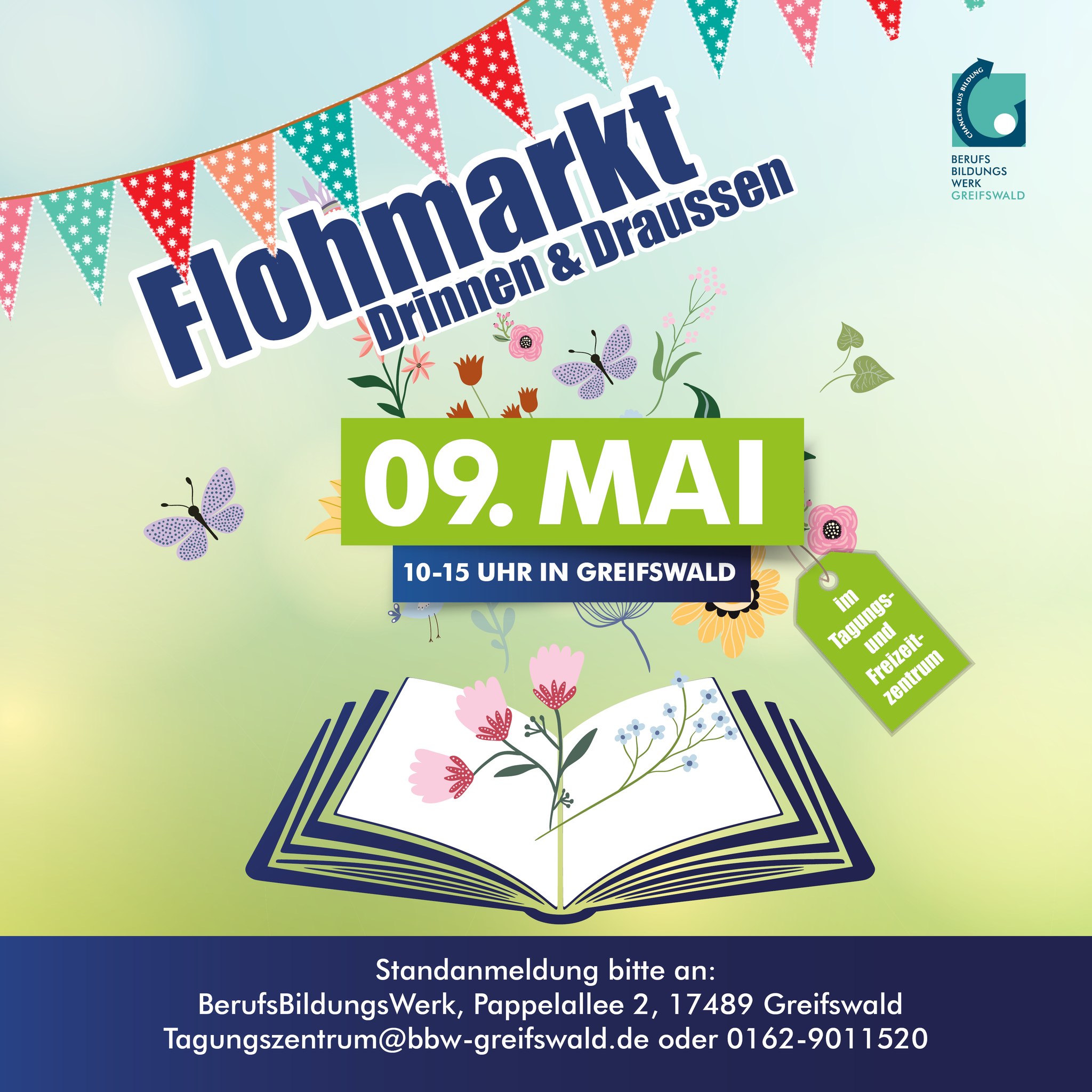 Flohmarkt: Drinnen und Draußen am Sa., 09.05.2026 von 10:00 bis 15:00 Uhr im und am Berufsbildungswerk in der Pappelallee 2