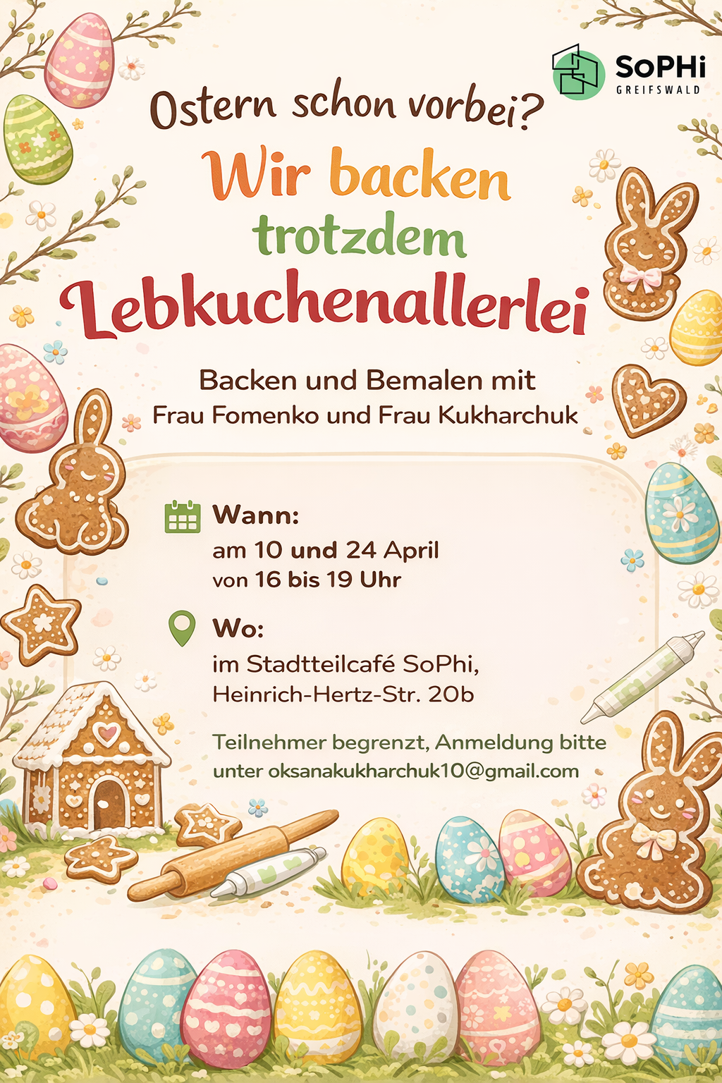 Backen und Bemalen jeweils Fr.,  10. und 24.04. von 16:00 bis 19:00 Uhr in der SoPHi in der Heinrich-Hertz-Straße 20 b