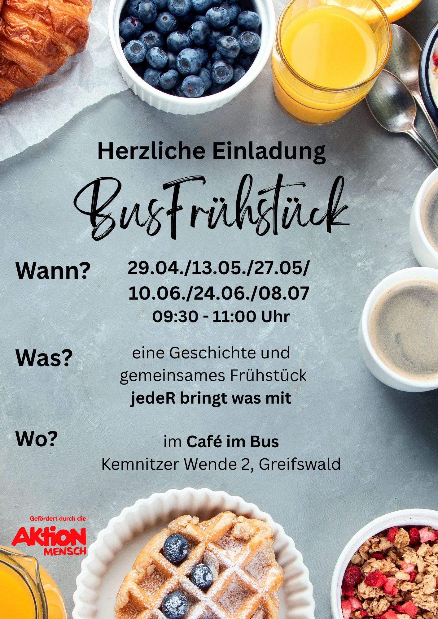Bus-Frühstück jeden zweiten und vierten Mittwoch im Monat von 09:30 bis 11:00 Uhr im Begegnungsbus in der Kemnitzer Wende 2