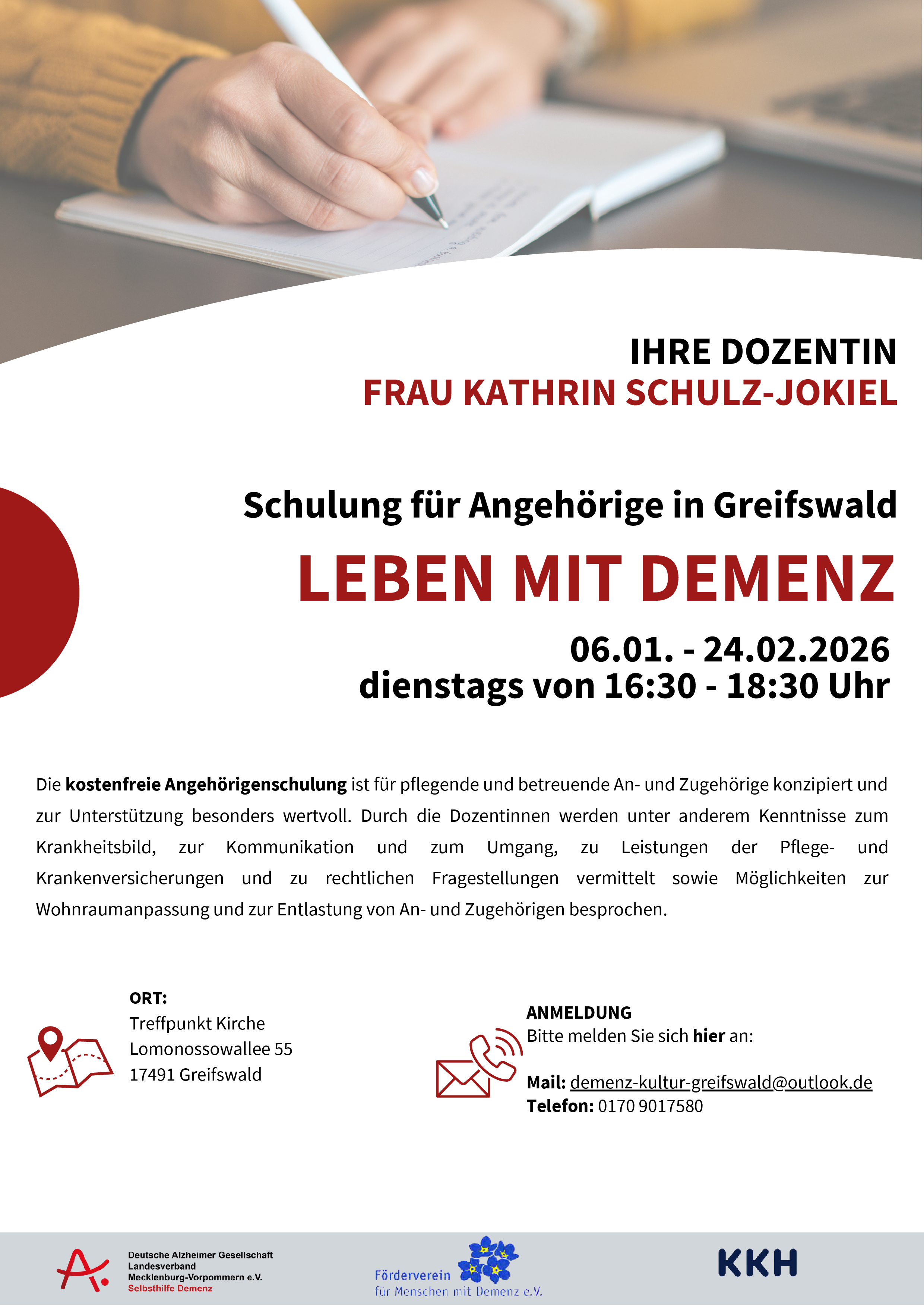 Schulung für Angehörige "Leben mit Demenz" vom 06.01. bis 24.01. dienstags von 16:30 bis 18.30 Uhr im Treffpunkt Kirche in der Lomonossowallee 55