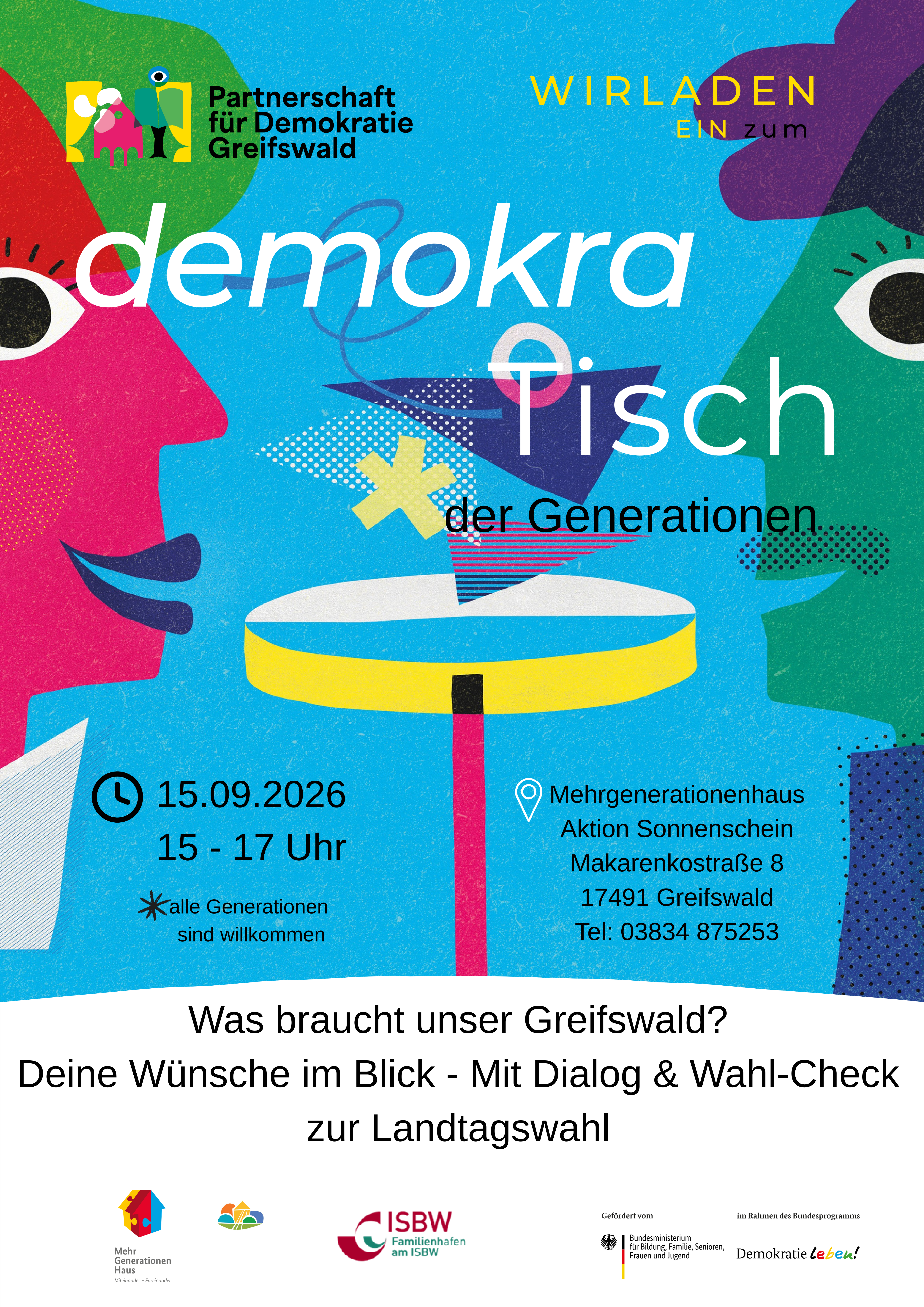 DemokraTisch der Generationen "Was braucht unser Greifswald?" am Di., 15.09. um 15:00 Uhr im Mehrgenerationenhaus Aktion Sonnenstein in der Makarenkostraße 8