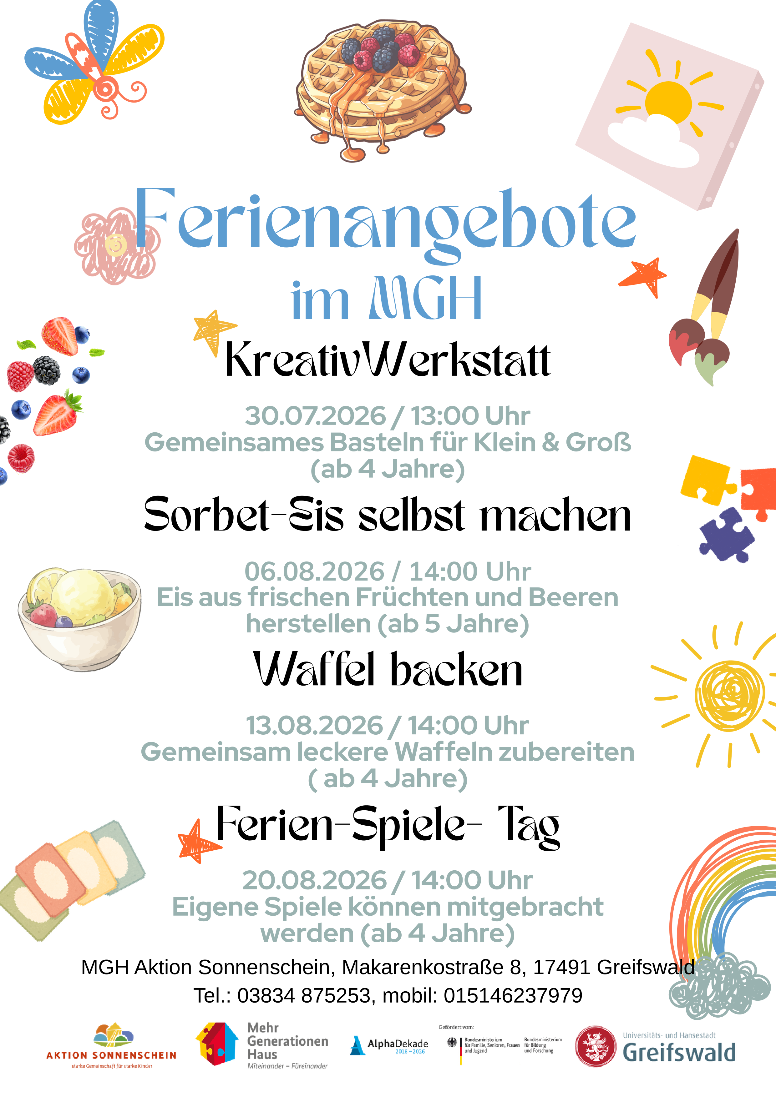 Ferienangebote ab 30.07. immer donnerstags im Mehrgenerationenhaus Aktion Sonnenschein in der Makarenkostraße 8