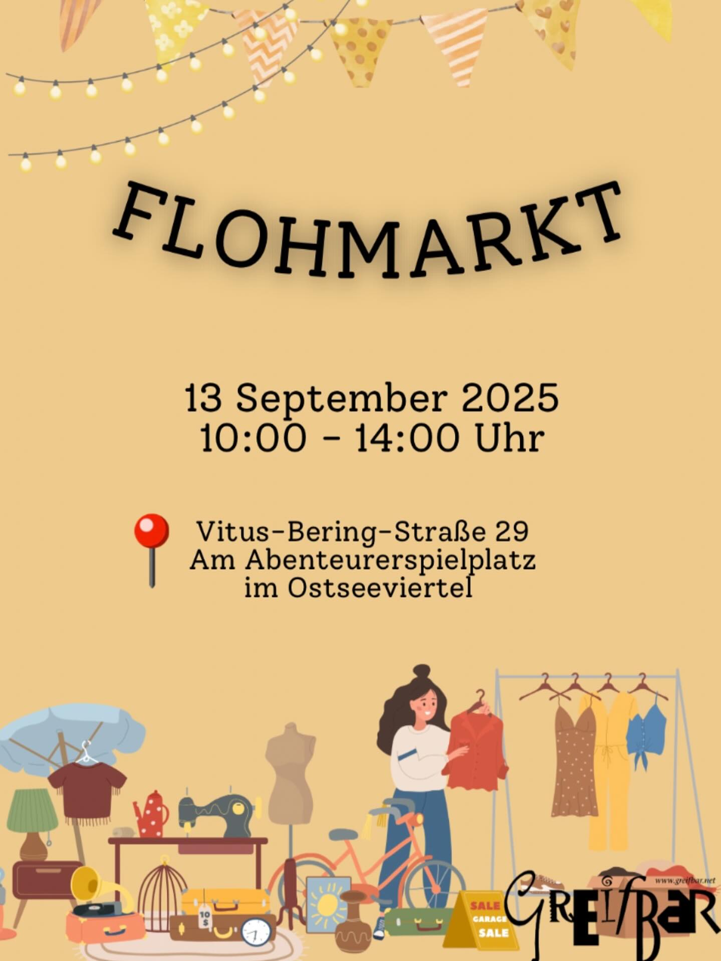 Flohmarkt Ostseeviertel-Ryckseite am Sa., 13.09. von 10:00 bis 14:00 Uhr am Abenteuerspielplatz in der Vitus-Bering-Straße