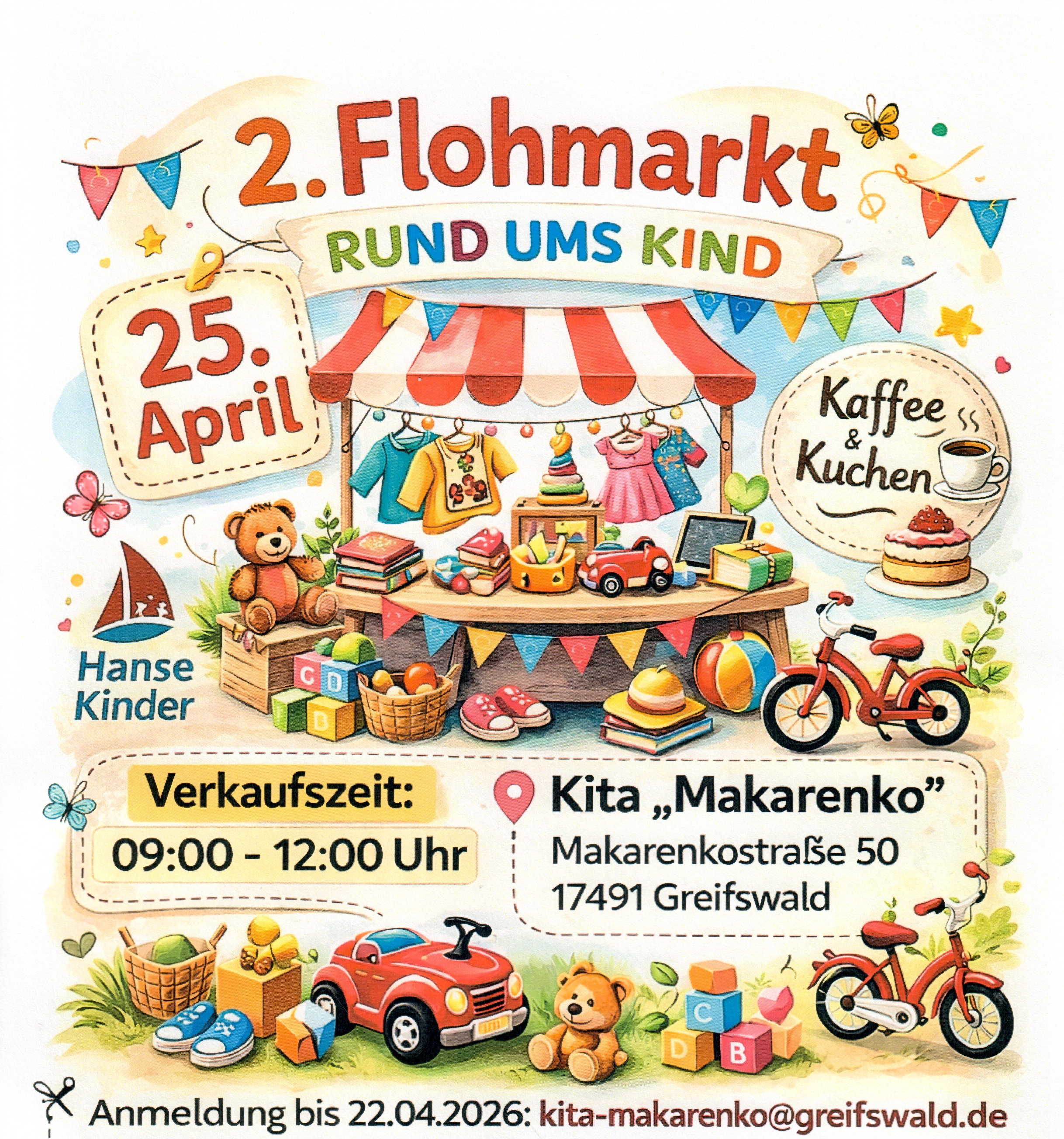 2. Flohmarkt: Rund ums Kind am Sa., 25.04. von 09:00 bis 12:00 Uhr in der Kita "A. S. Makarenko" in der Makarenkostraße 50