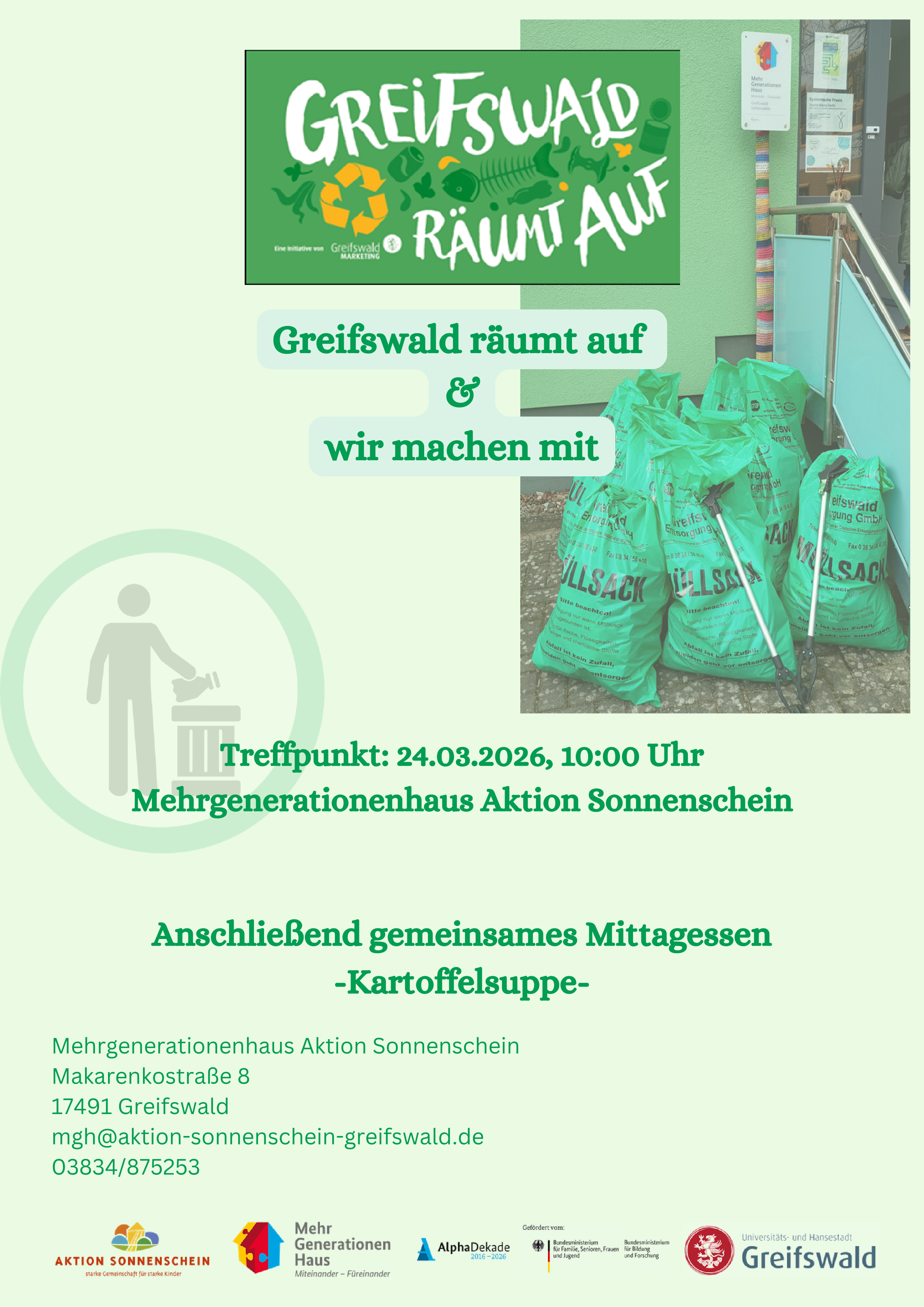 Greifswald räumt auf und wir machen mit - am Di., 24.03.2026  um 10:00 Uhr, Treffpunkt: Mehrgenerationenhaus Aktion Sonnenstein in der Makarenkostraße 8