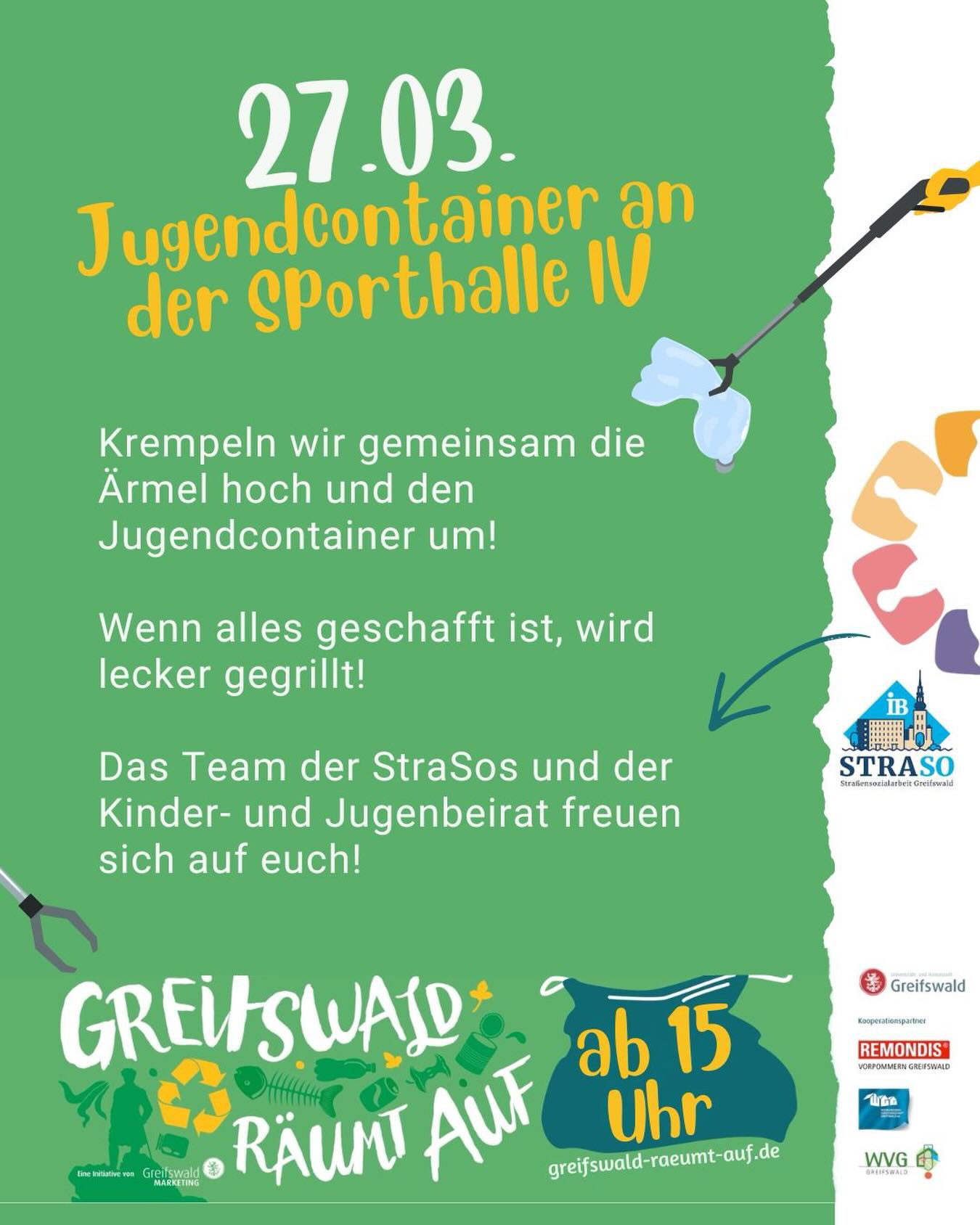 Greifswald räumt auf am Jugendcontainer am Fr., 27.03. ab 15:00 Uhr am Jugendcontainer an der Sporthalle 4
