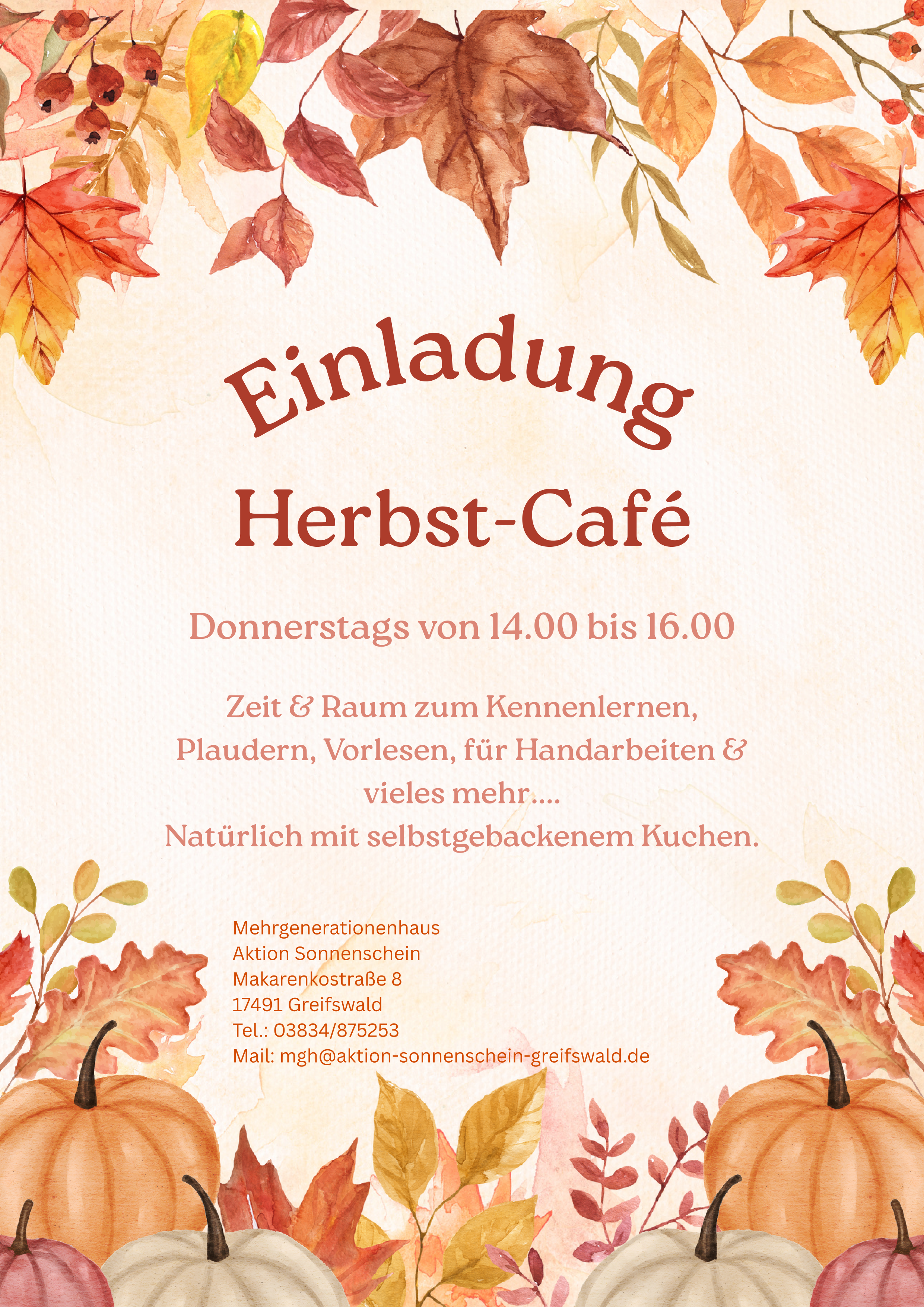 Herbst-Café jeden Donnerstag von 14:00 bis 16:00 Uhr im Mehrgenerationenhaus Aktion Sonnenschein in der Makarenkostraße 8
