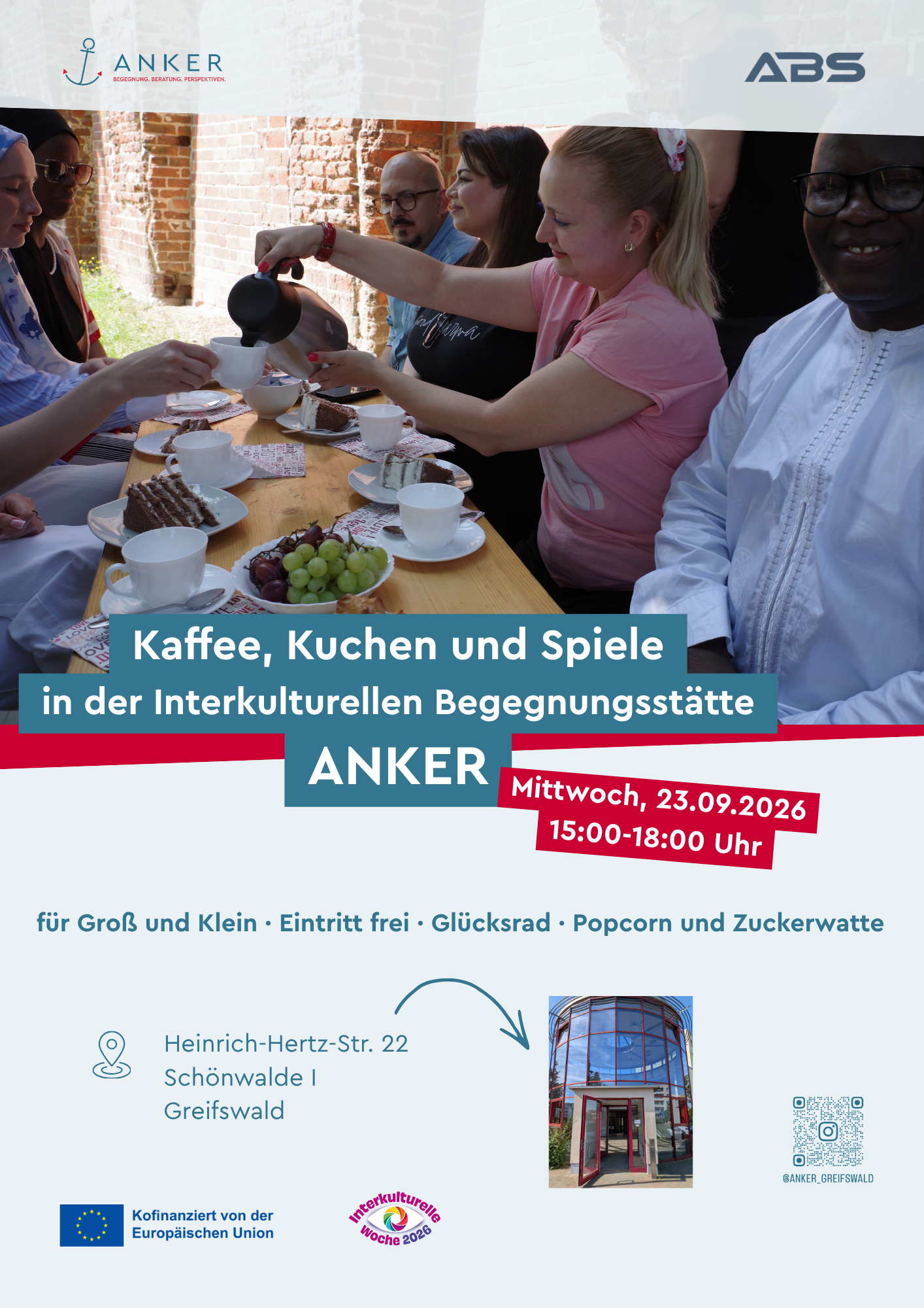 Kaffee, Kuchen, Spiele am Mi., 23.09.2026  von 15:00 bis 18:00 Uhr in der Begegnungsstätte Anker in der Heinrich-Hertz-Straße 22