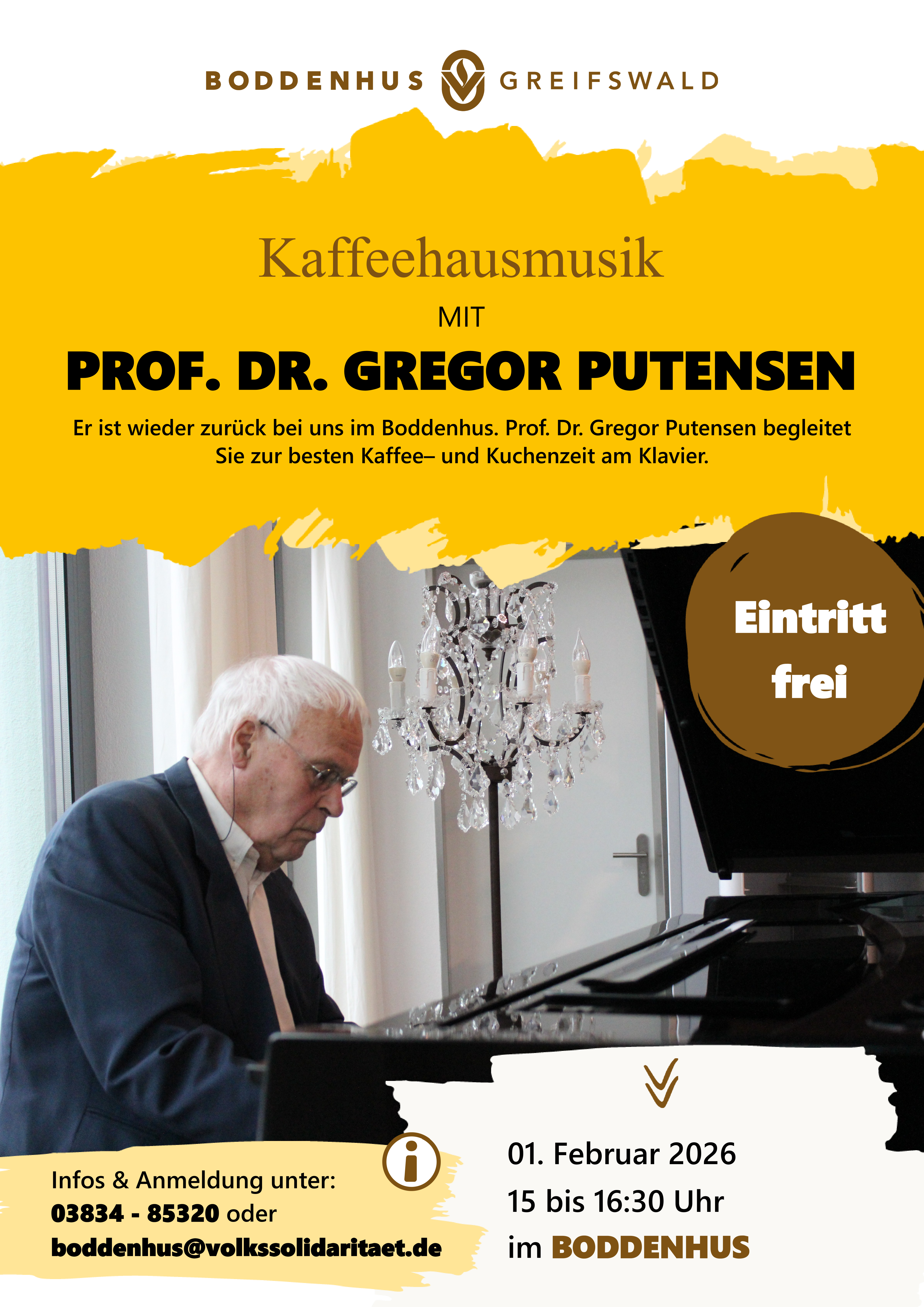 Kaffeehausmusik mit Prof. Dr. Gregor Putensen am So., 01.02. um 15:00 Uhr im Boddenhus der Volkssolidarität im Karl-Liebknecht-Ring 