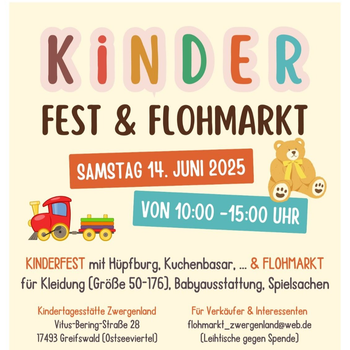 Kinderfest und Flohmarkt an der Kita Zwergenland am Sa., 14.06. von 10:00 bis 15:00 Uhr in der Vitus-Bering-Straße 28