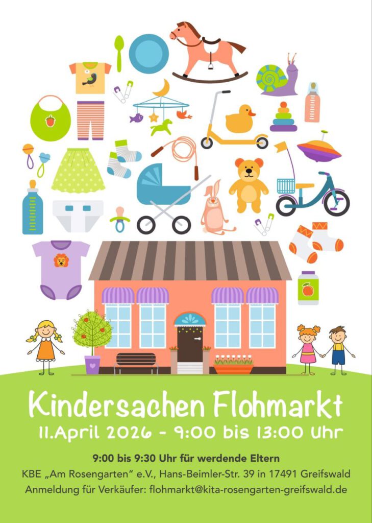 Kindersachen-Flohmarkt am Sa., 11.04.2026 von 09:00 bis 13:00 Uhr in der Kita "Am Rosengarten" in der Hans-Beimler-Straße 39