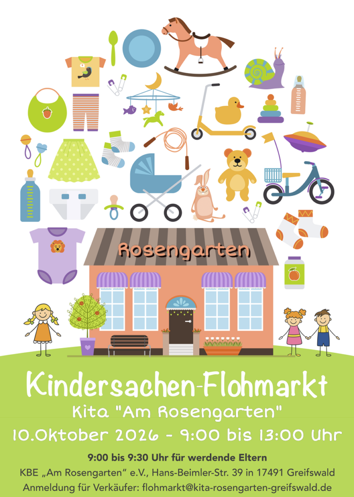 Kindersachen-Flohmarkt Sa., 10.10.2026 von 09:00 bis 13:00 Uhr in der Kita "Am Rosengarten" in der Hans-Beimler-Straße 39