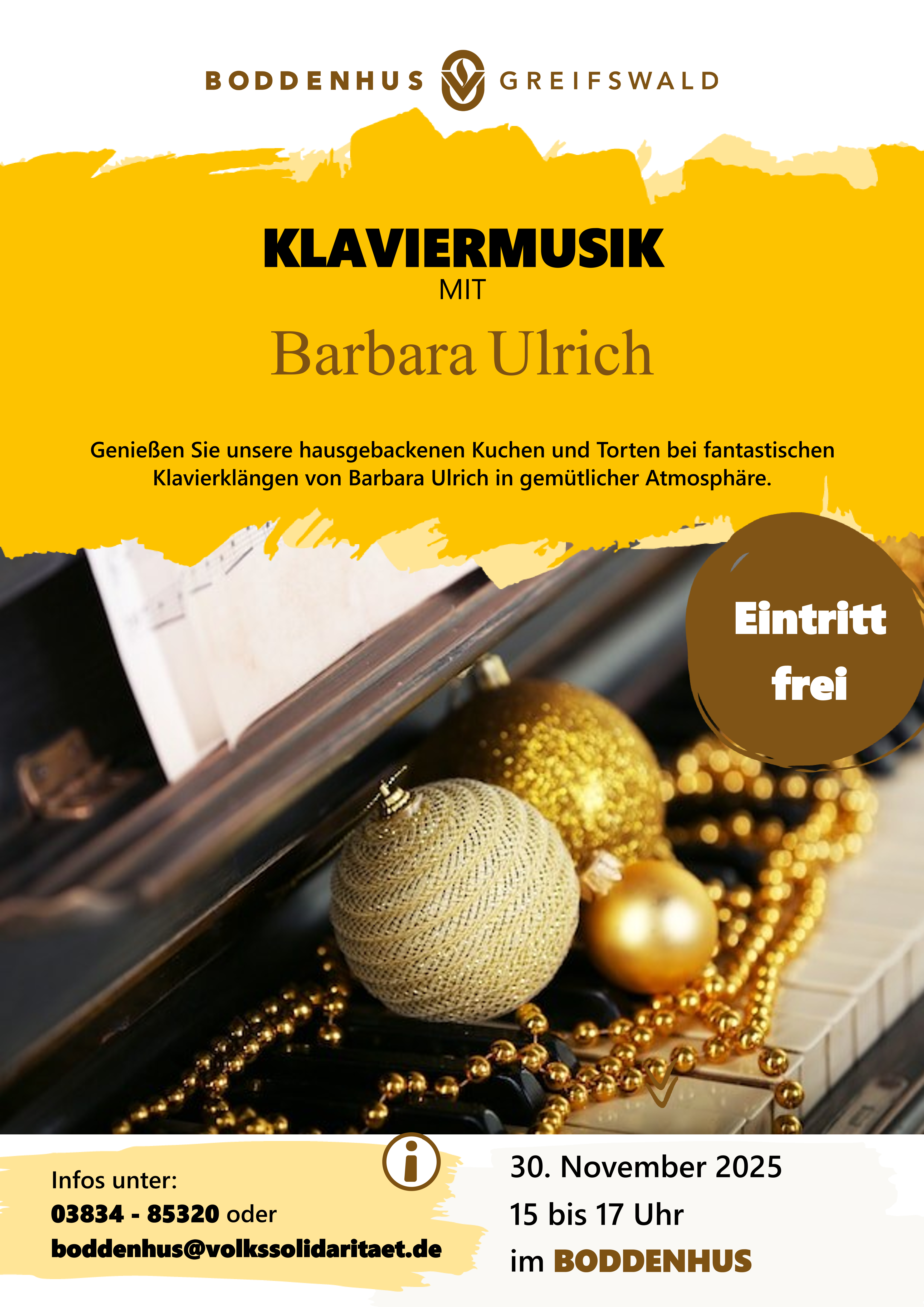 Klaviermusik mit Barbara Ulrich am So., 30.11. um 15:00 Uhr im Boddenhus im Karl-Liebknecht-Ring 1