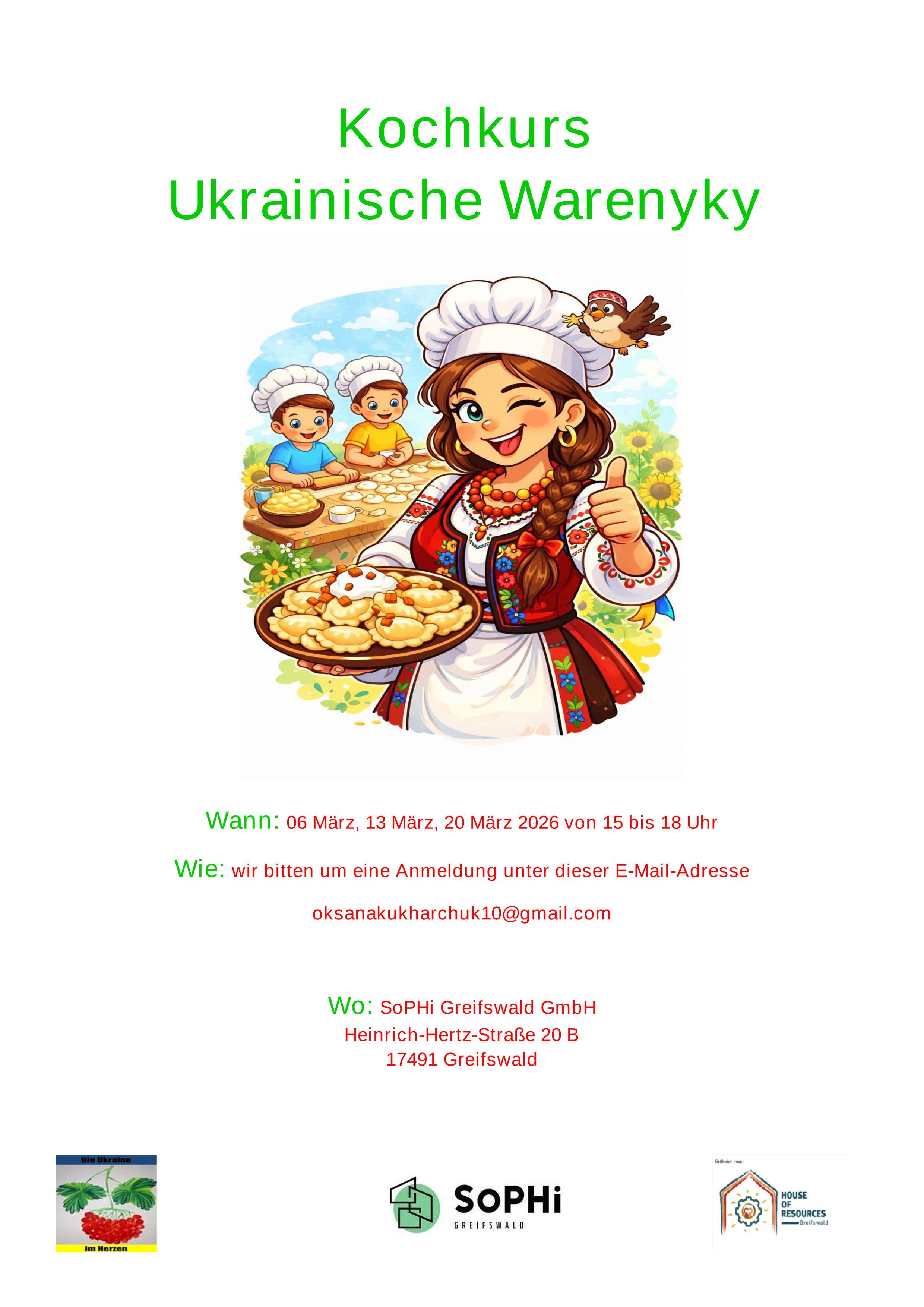 Kochkurs – Ukrainische Warenyky jeweils am Fr, 06., 13. und 20.03. von 15:00 bis 18:00 Uhr im Café SoPHi der WVG in der Heinrich-Hertz-Straße 20 b