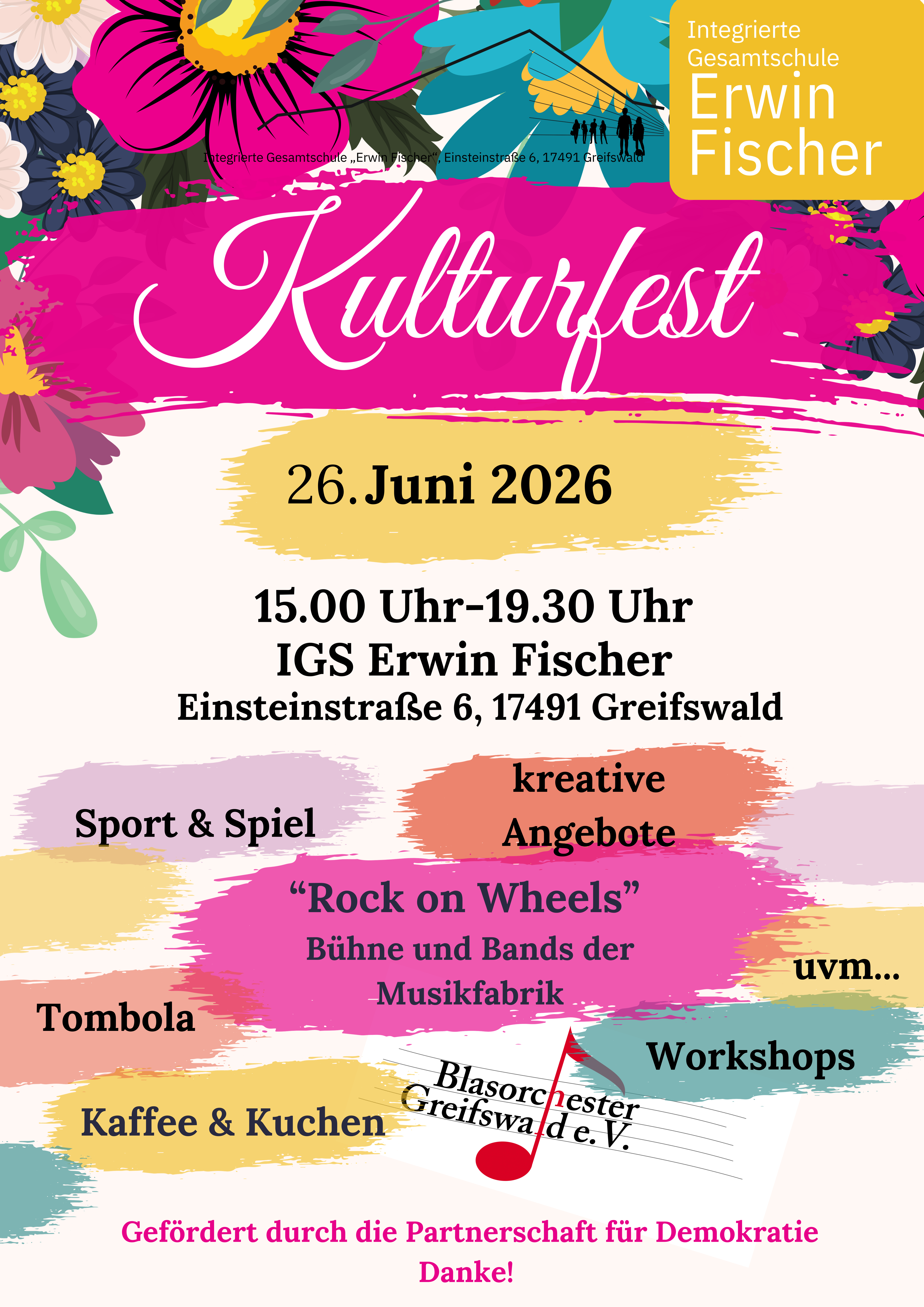 Kulturfest am Fr., 26.06. von 15:00 bis 19:30 Uhr an der Integrierten Gesamtschule "Erwin Fischer" in der Einsteinstraße 6