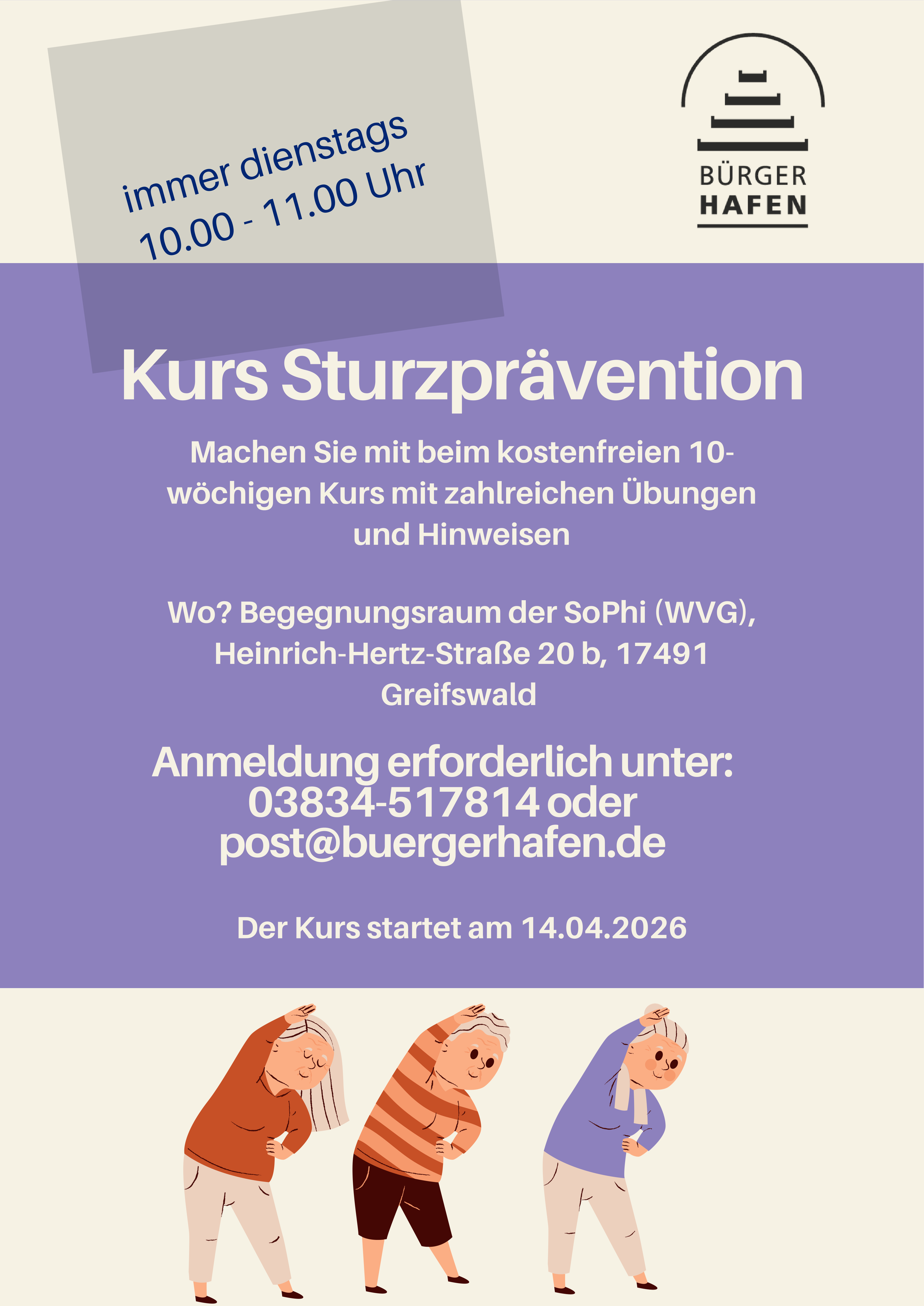 Kurs Sturzprävention immer dienstags von 10:00 bis 11:00 Uhr, ab 14.04. in der SoPHi in der Heinrich-Hertz-Straße 20 b