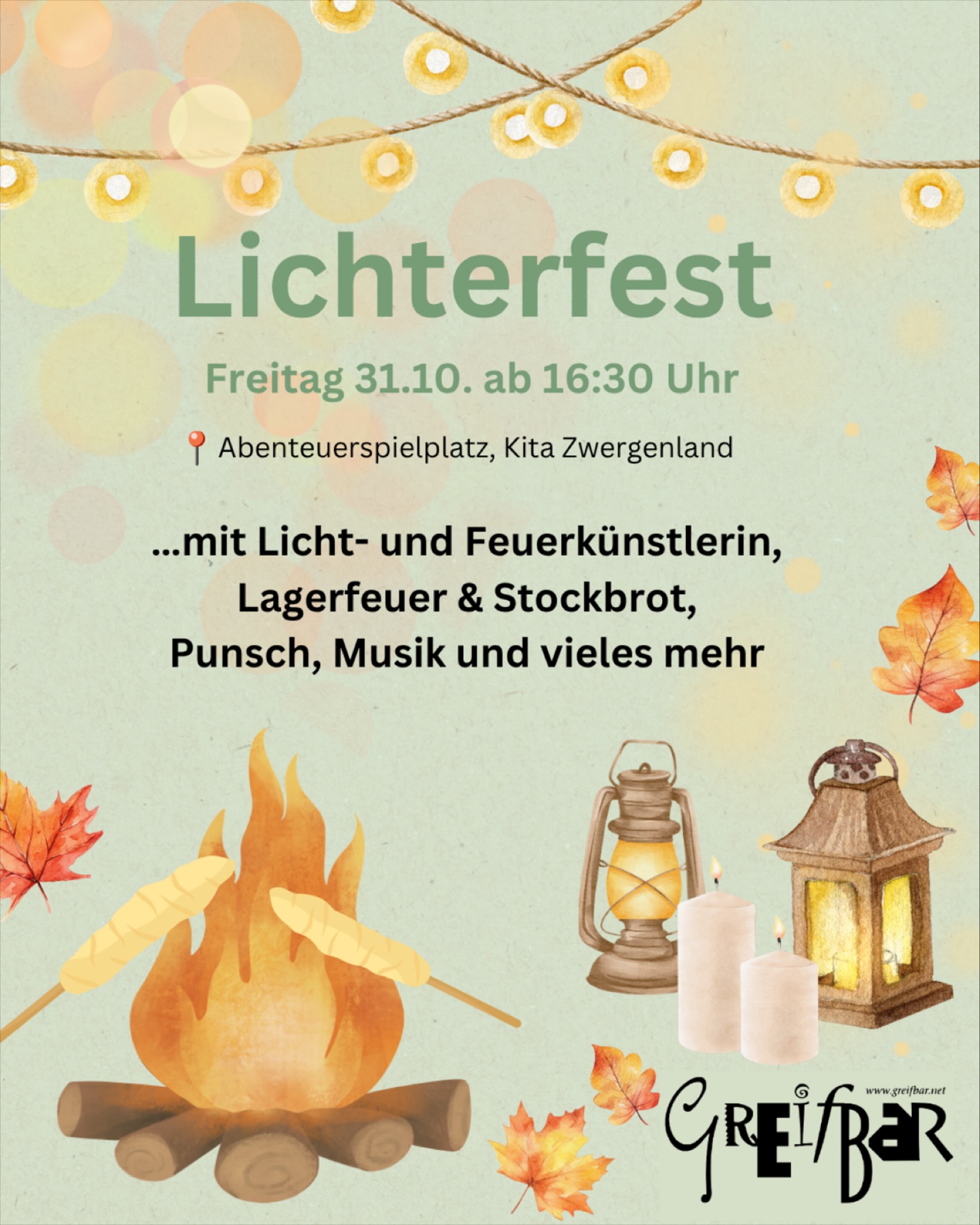 Lichterfest der Greifbar am Fr., 31.10. ab 16:30 Uhr auf dem Abenteuerspielplatz in der Vitus-Bering-Straße (neben der Kita Zwergenland)