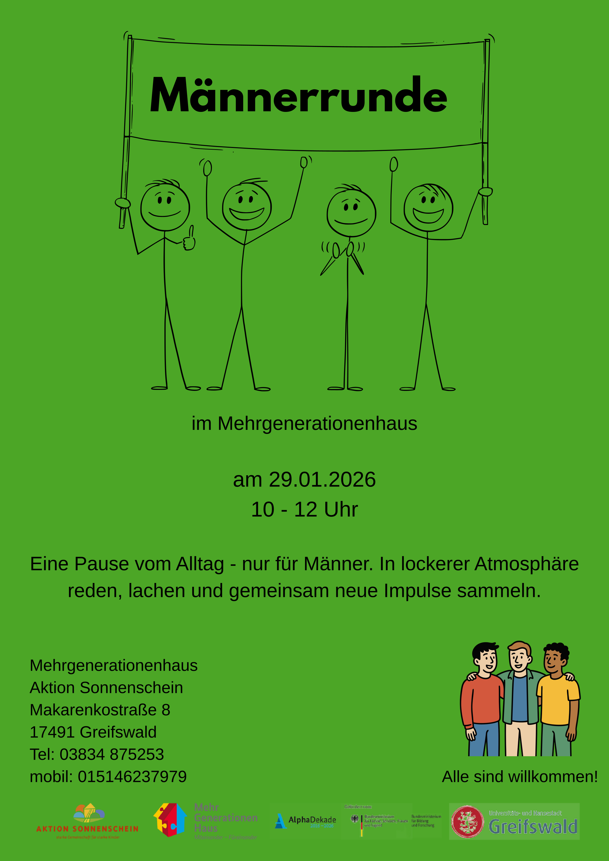 Männerrunde am Do., 29.01. von 10:00 bis 12:00 Uhr im Mehrgenerationenhaus Aktion Sonnenschein in der Makarenkostraße 8