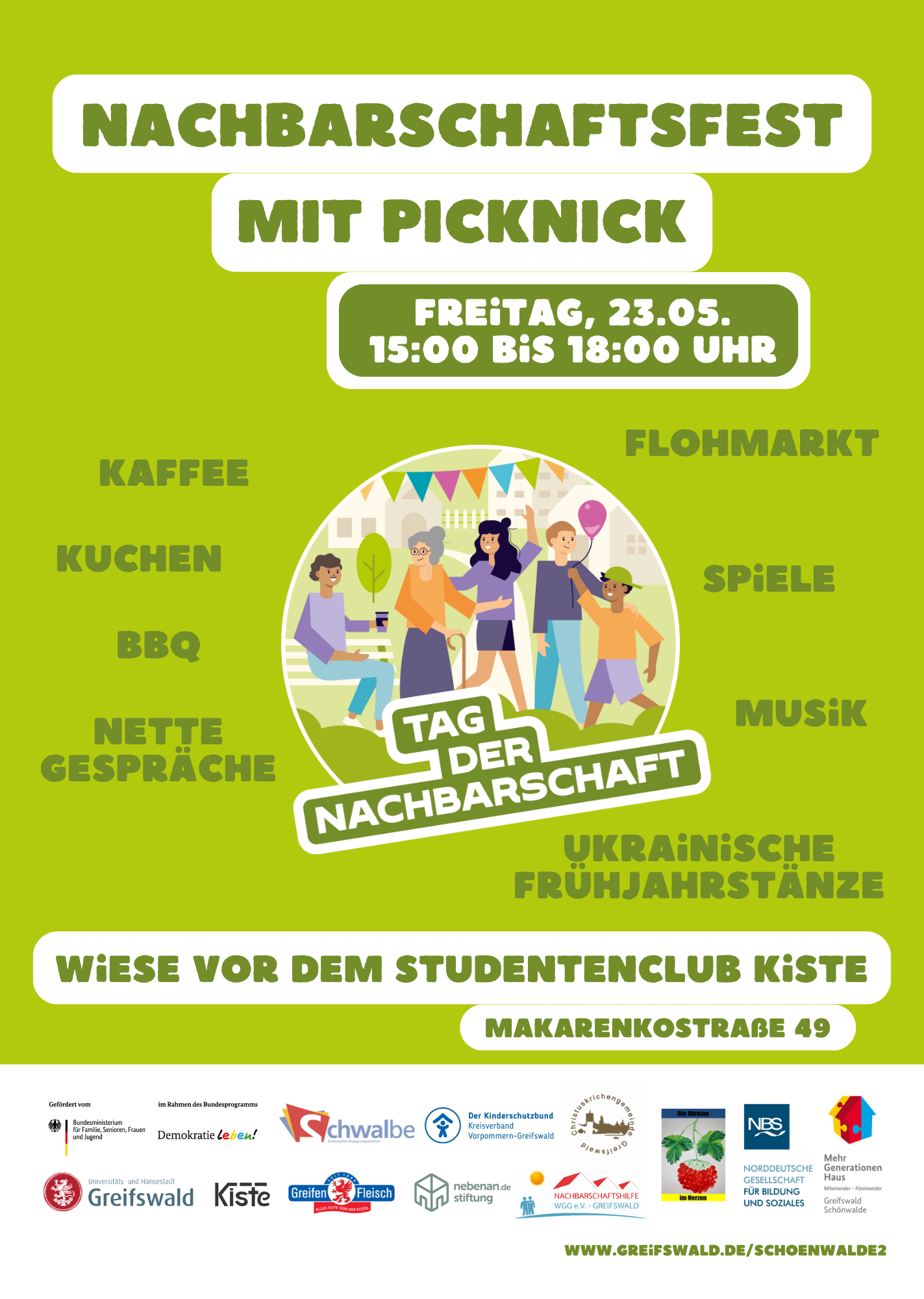 Nachbarschaftsfest mit Picknick am Fr., 23.05. von 15:00 bis 18:00 Uhr auf der Wiese vor der Kiste in der Makarenkostraße 49