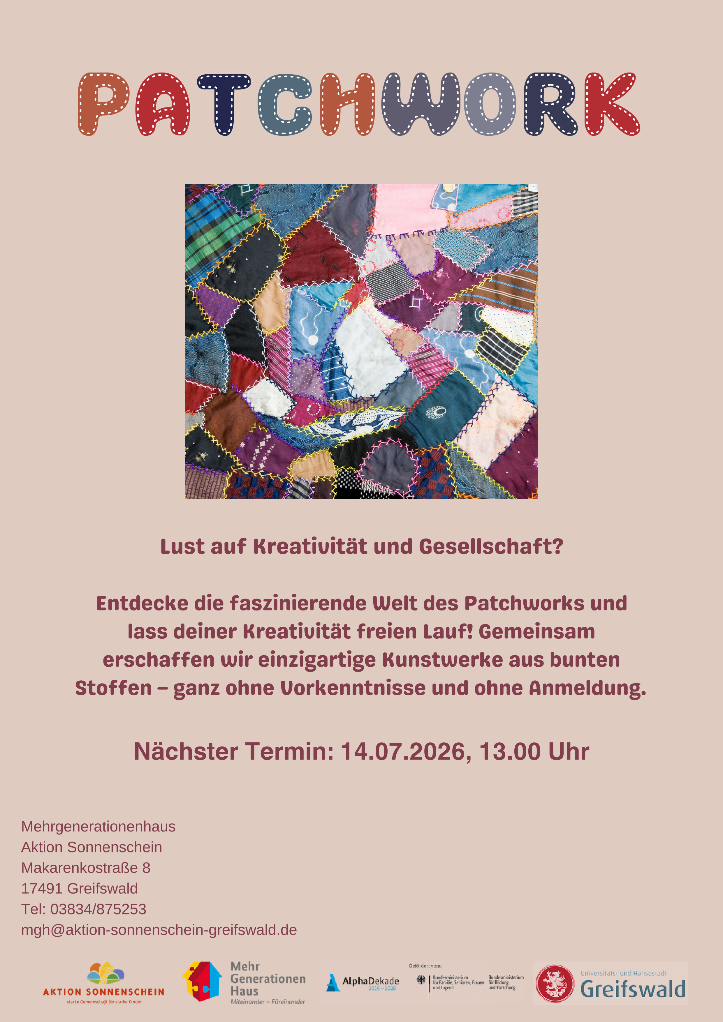 Patchwork am Di., 14.07. um 13:00 Uhr im Mehrgenerationenhaus Aktion Sonnenschein in der Makarenkostraße 8