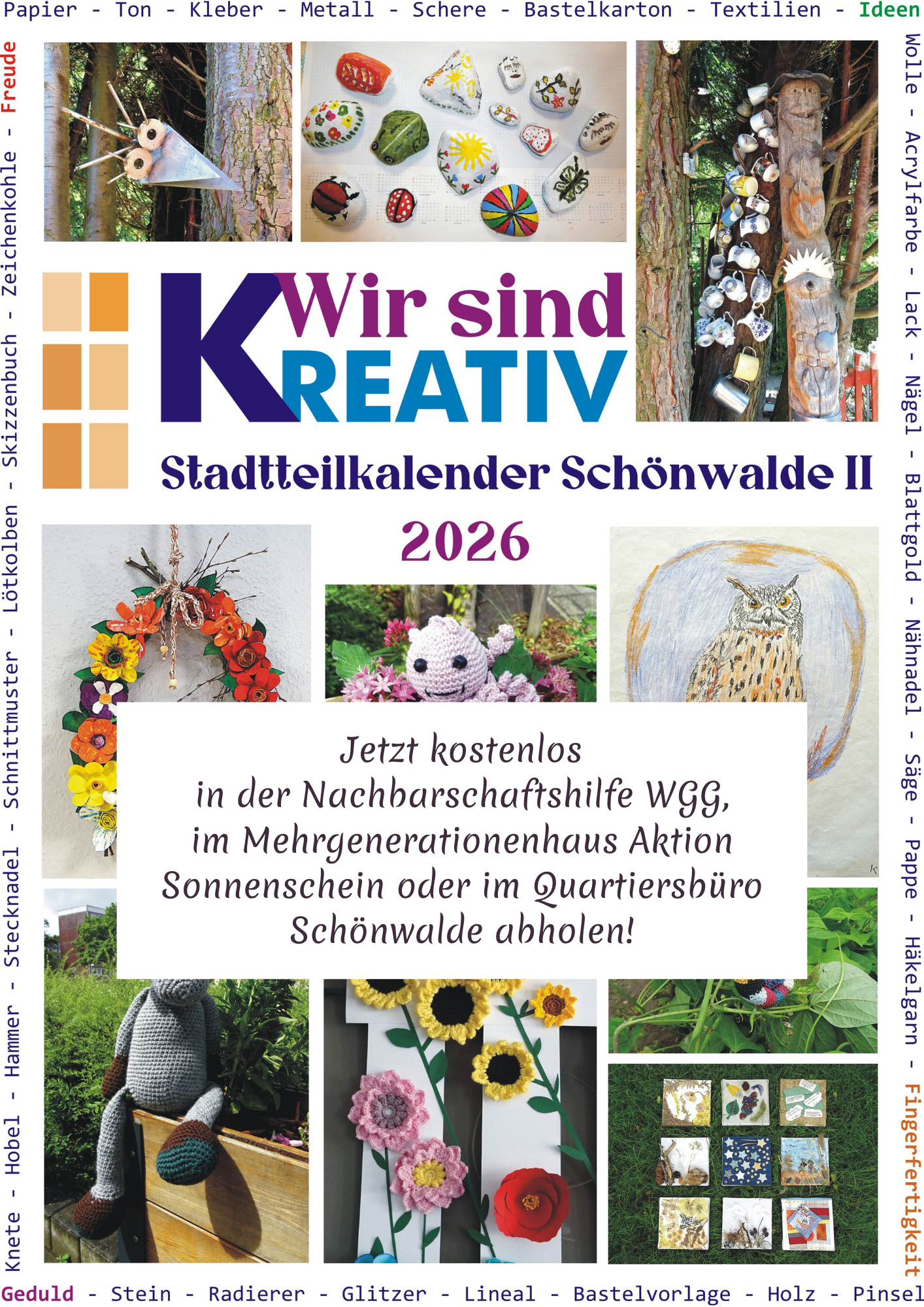 Jetzt kostenlos den Stadtteilkalender Schönwalde II in der Nachbarschaftshilfe WGG, im Mehrgenerationenhaus Aktion Sonnenschein oder im Quartiersbüro Schönwalde abholen!