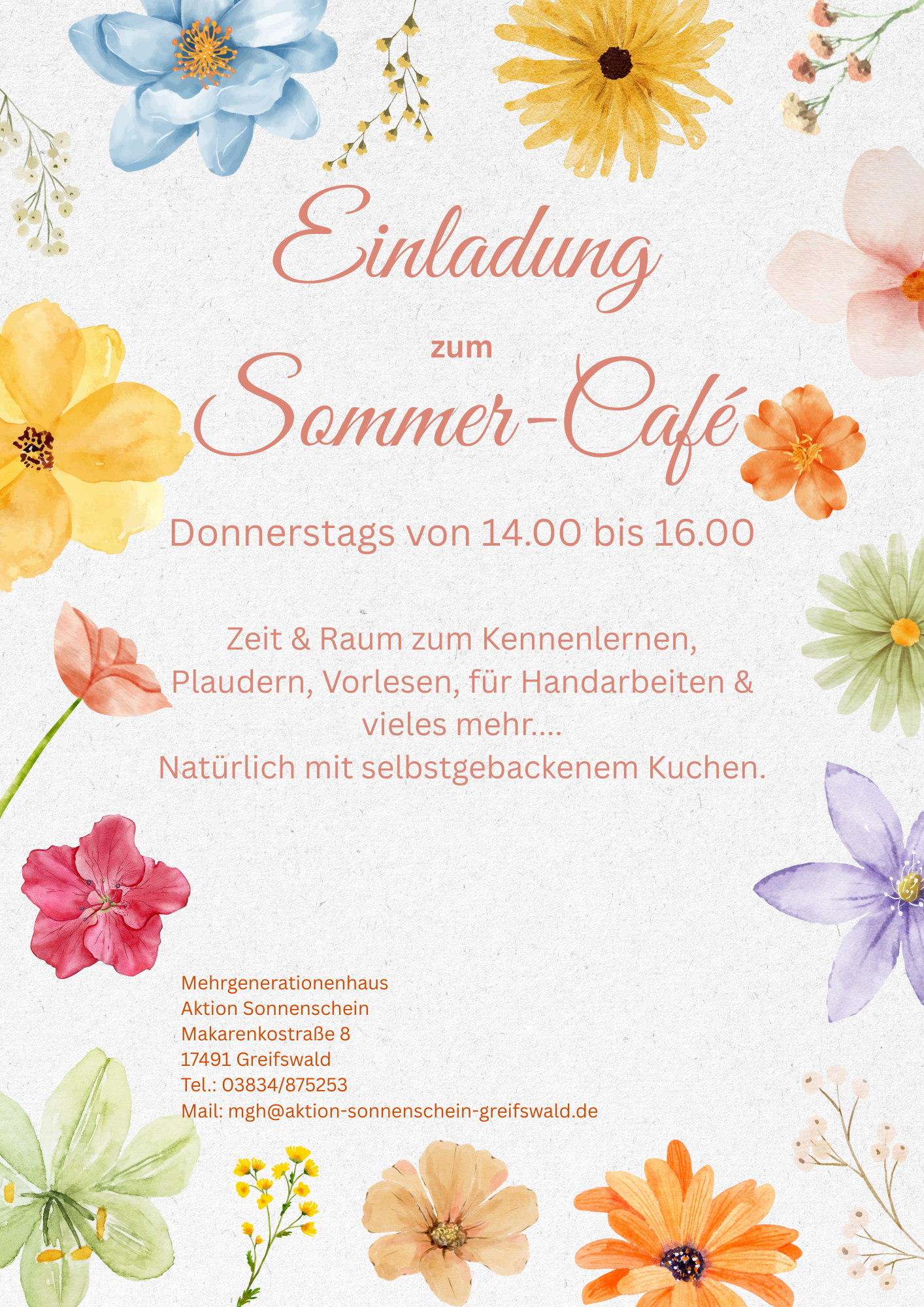 Sommer-Café immer donnerstags von 14:00 bis 16:00 Uhr im Mehrgenerationenhaus Aktion Sonnenschein in der Makarenkostraße 8