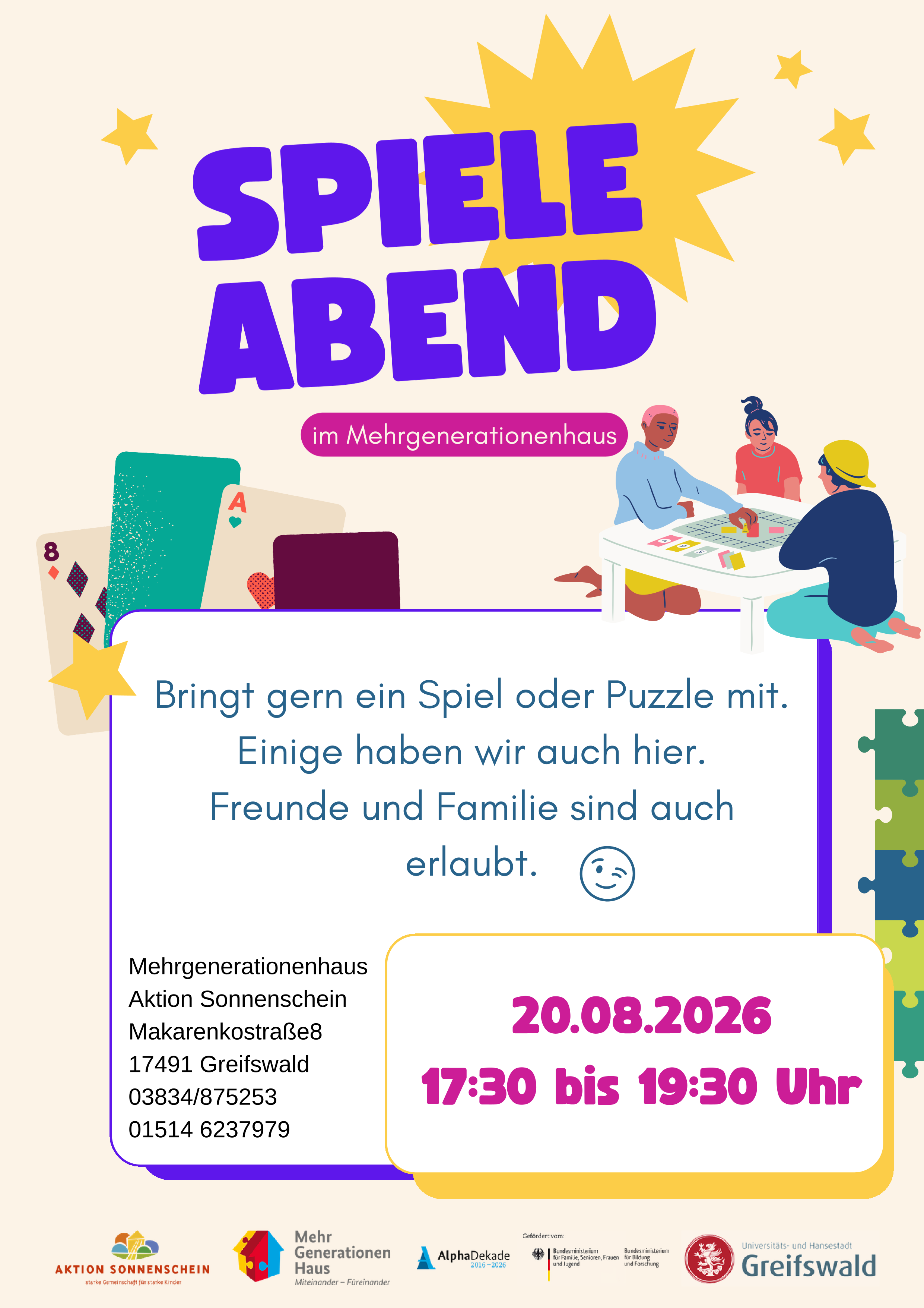 Spieleabend am Do., 20.08. um 17:30 Uhr im Mehrgenerationenhaus Aktion Sonnenschein in der Makarenkostraße 8